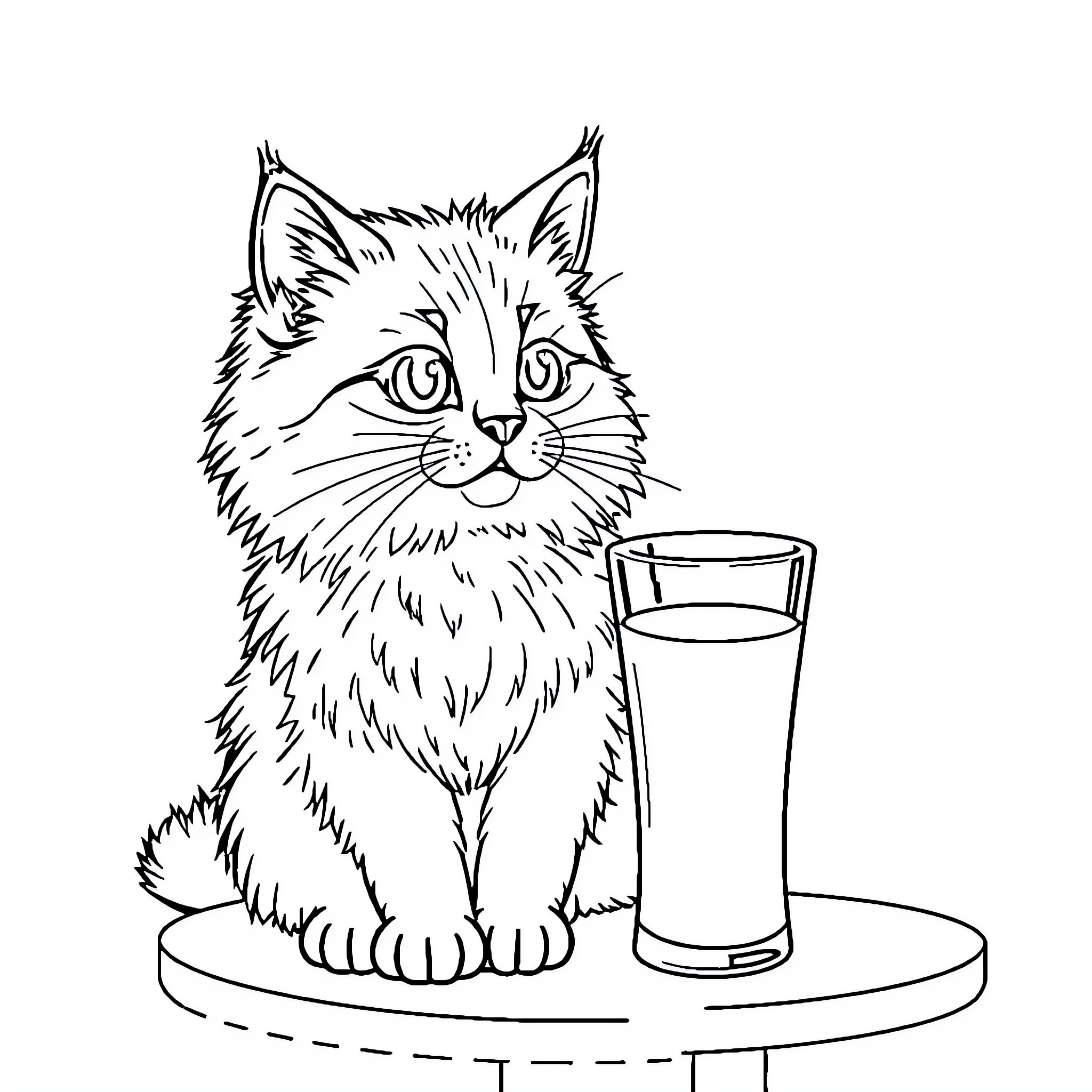 Cat drinking from a glass Coloring Page (free black-and-white line drawing printable PDF for all, from beginners to advanced learners, including children, teens, adults, and seniors)