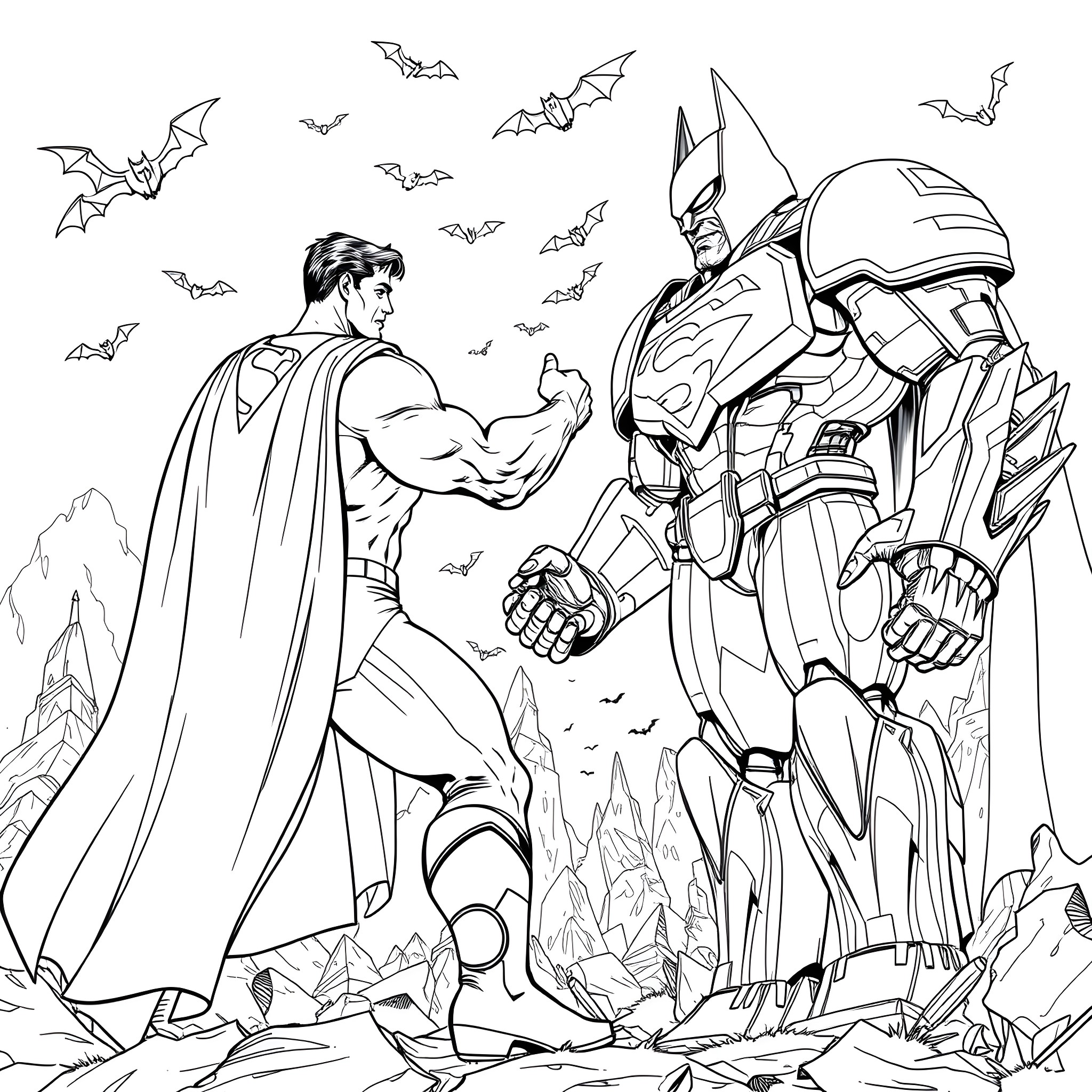 Superman and Batman confronting each other in heroic stances Coloring Page (free black-and-white line drawing printable PDF for all, from beginners to advanced learners, including children, teens, adults, and seniors)