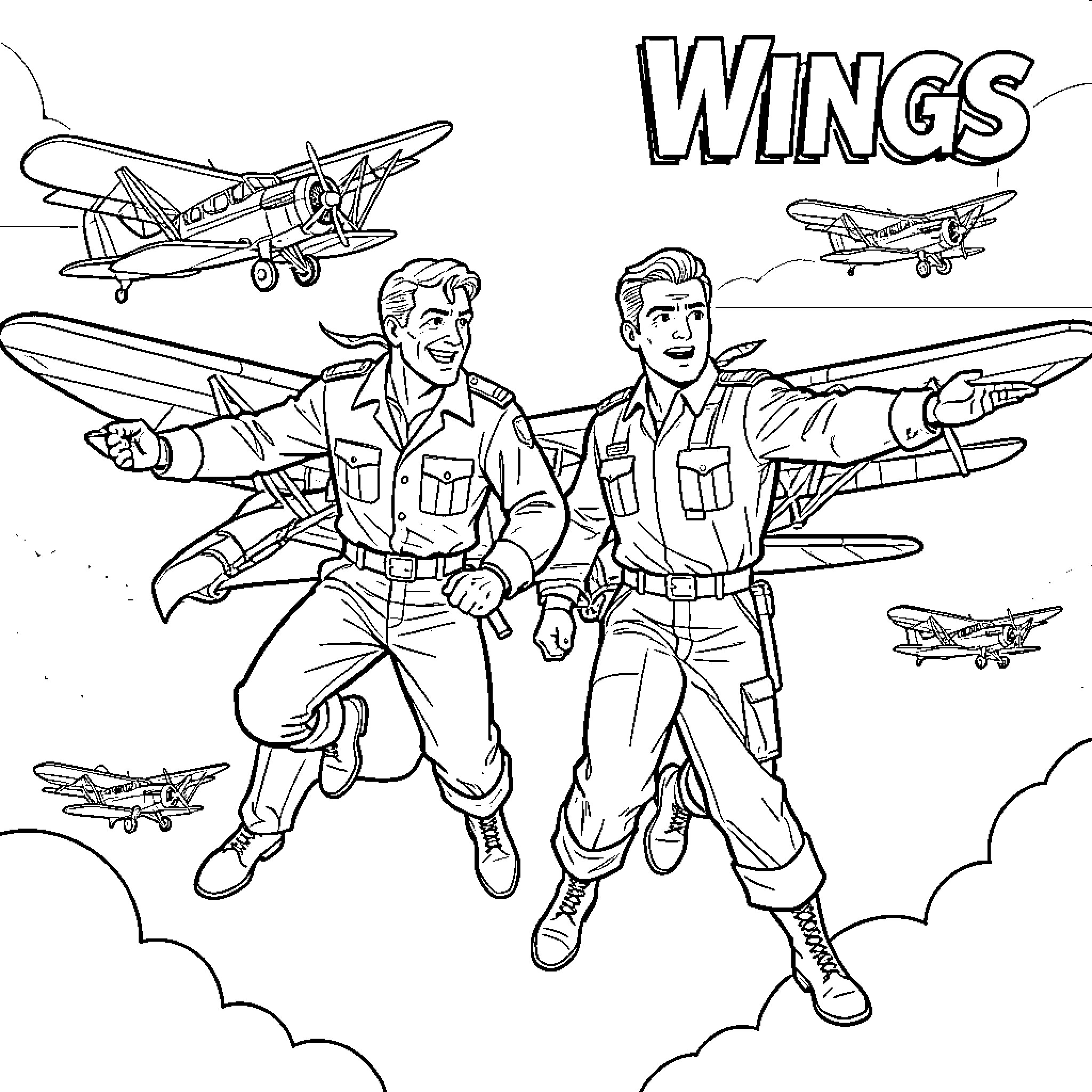 Jack Powell and friend fly vintage airplanes in the sky Coloring Page (free black-and-white line drawing printable PDF for all, from beginners to advanced learners, including children, teens, adults, and seniors)