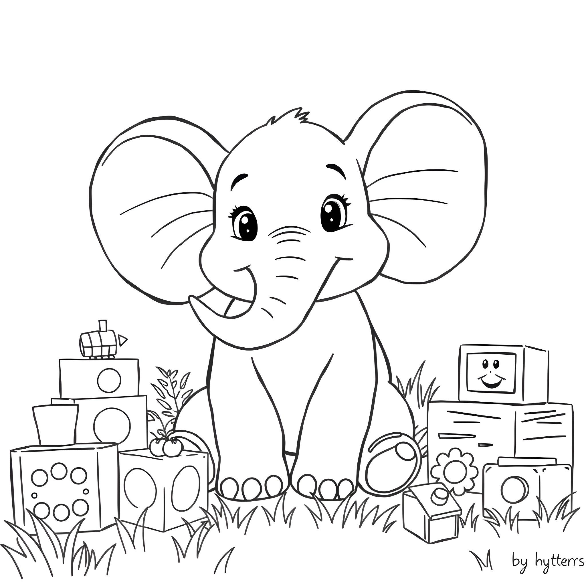 Elephant playing with toys in the nursery Coloring Page (free black-and-white line drawing printable PDF for all, from beginners to advanced learners, including children, teens, adults, and seniors)