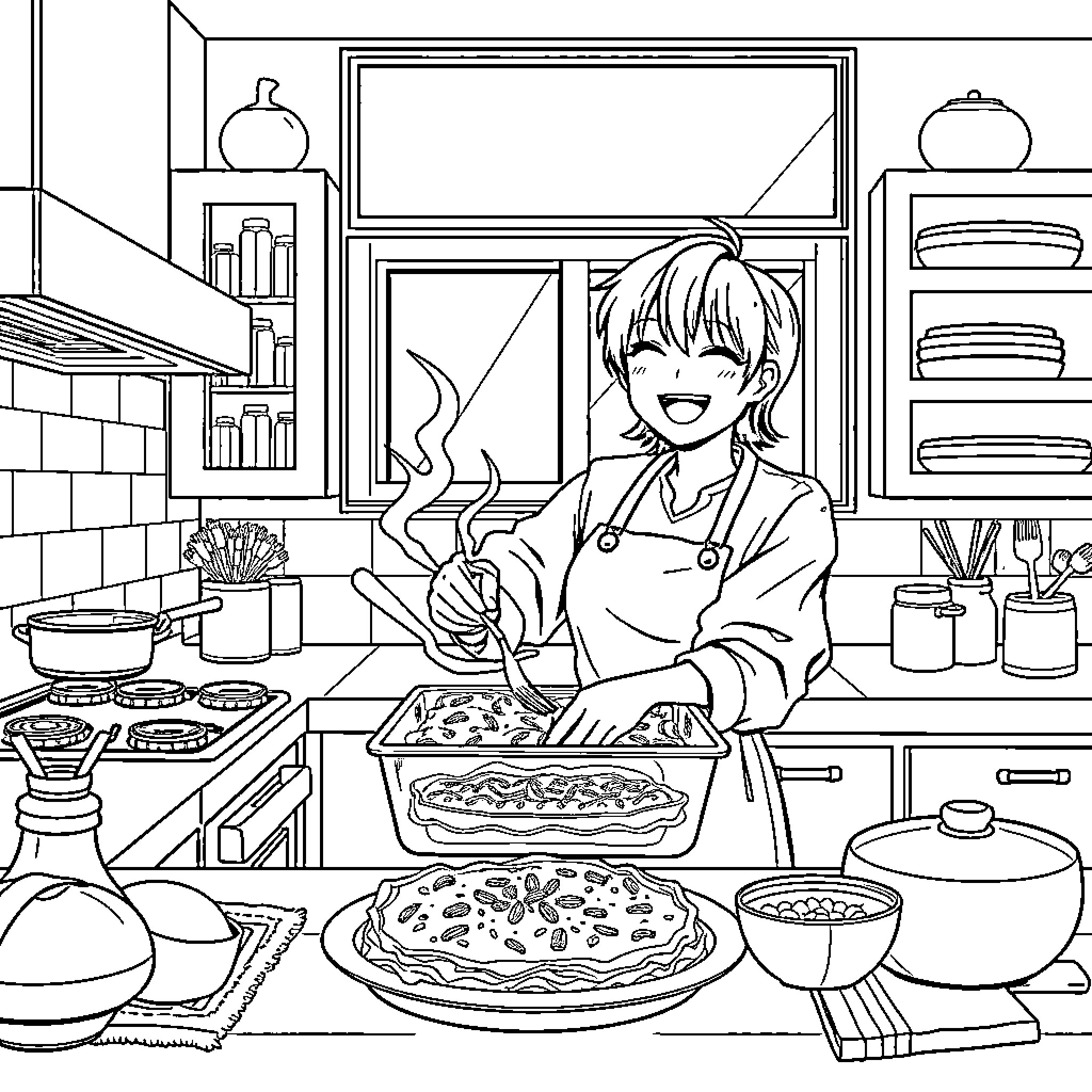 Rumi's Culinary Delight: A Chef's Kitchen Adventure Coloring Page (free black-and-white line drawing printable PDF for all, from beginners to advanced learners, including children, teens, adults, and seniors)