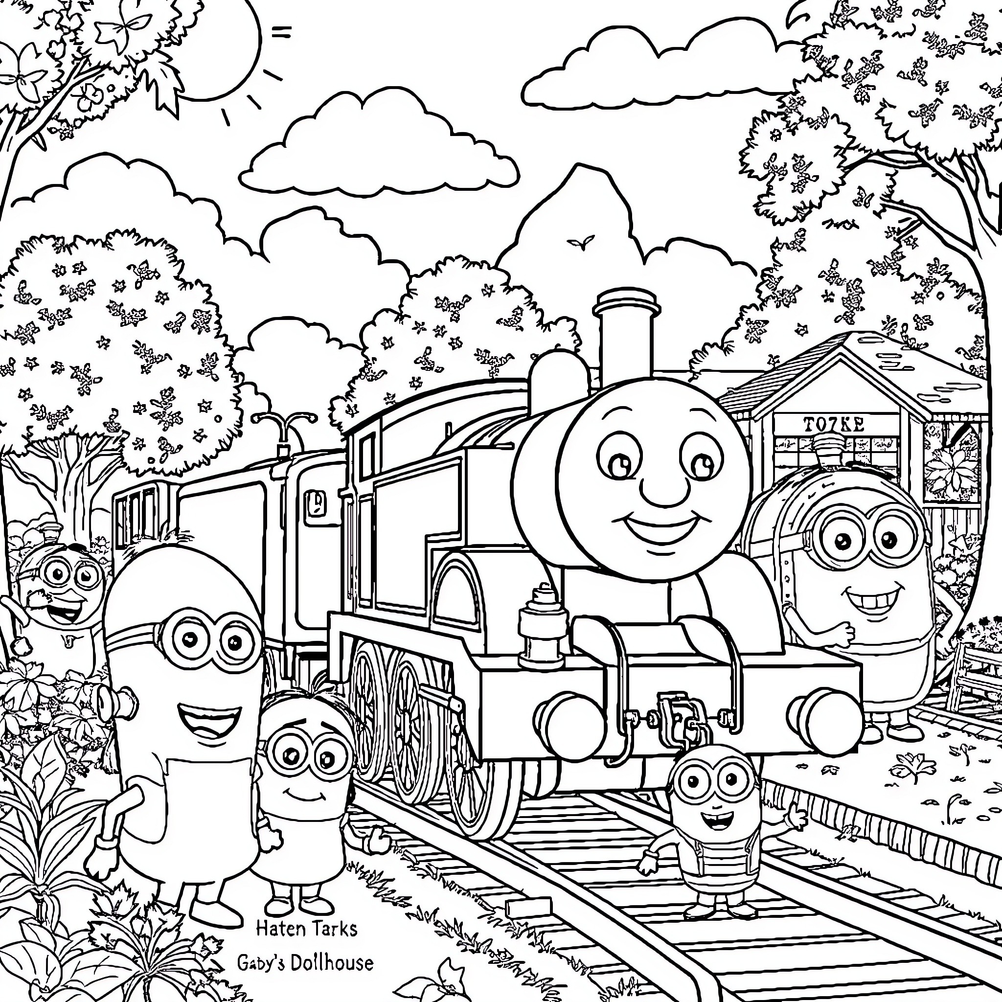 Thomas and Friends Playing in the Scenic Countryside Coloring Page (free black-and-white line drawing printable PDF for all, from beginners to advanced learners, including children, teens, adults, and seniors)