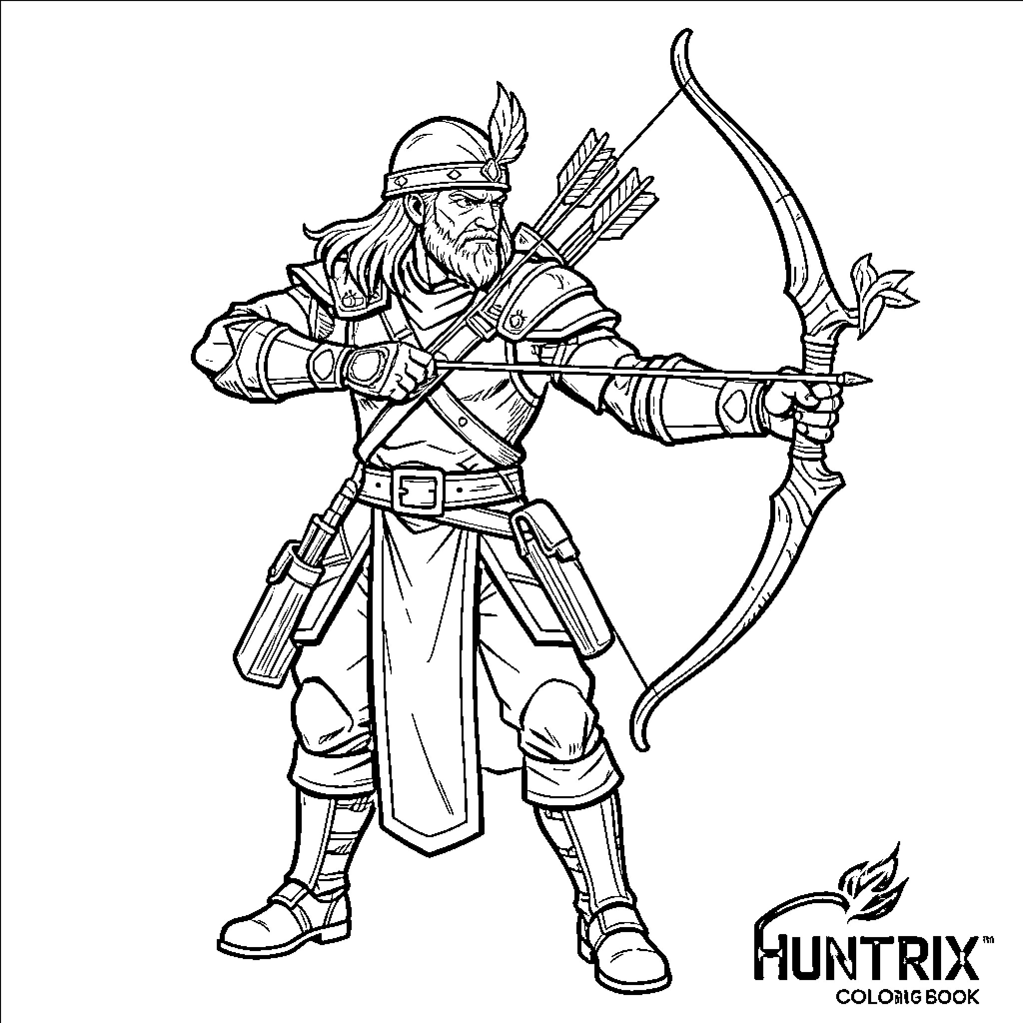Huntrix Warrior Archer in Battle Gear Coloring Page (free black-and-white line drawing printable PDF for all, from beginners to advanced learners, including children, teens, adults, and seniors)