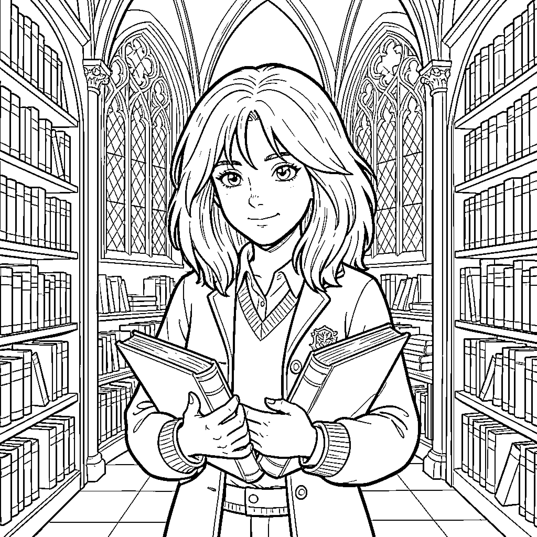 Hermione Granger studying intently in the library Coloring Page (free black-and-white line drawing printable PDF for all, from beginners to advanced learners, including children, teens, adults, and seniors)