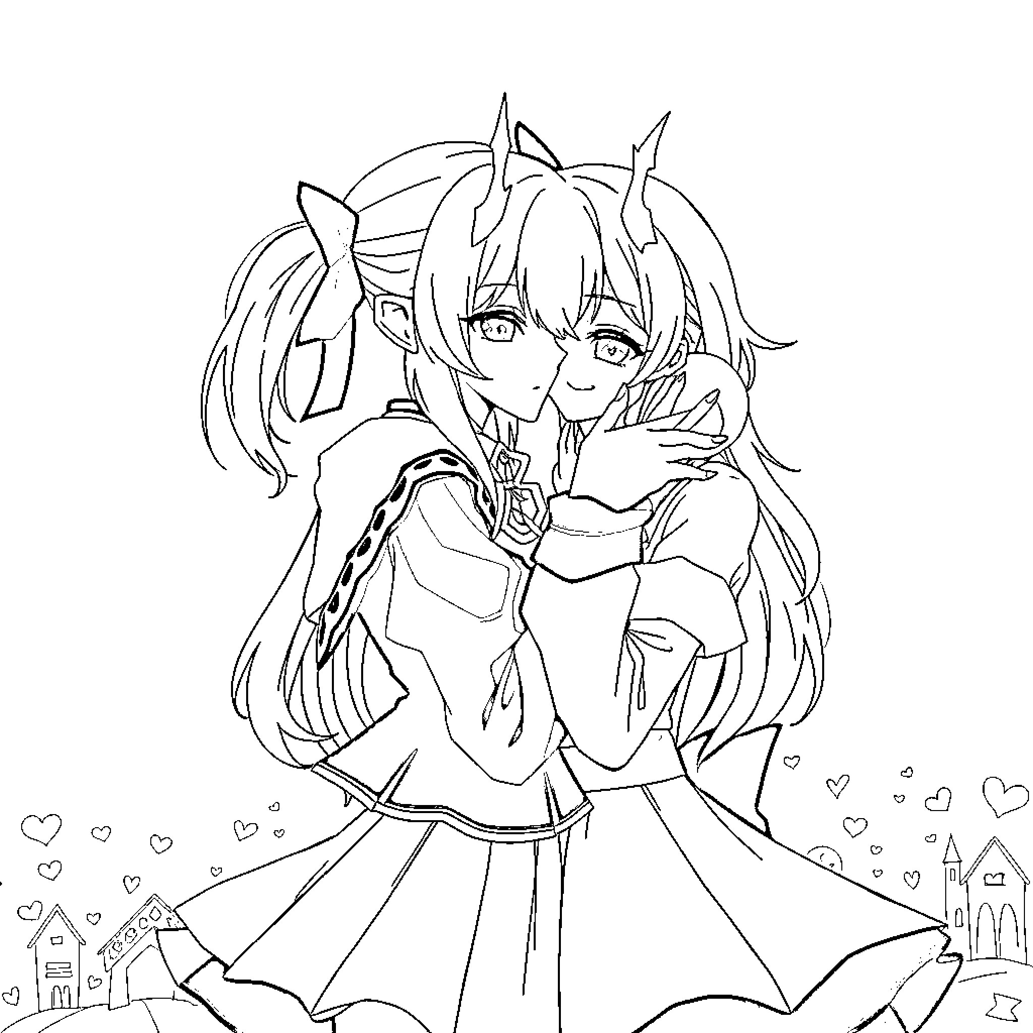 Zero Two posing cheerfully in a fantasy setting Coloring Page (free black-and-white line drawing printable PDF for all, from beginners to advanced learners, including children, teens, adults, and seniors)