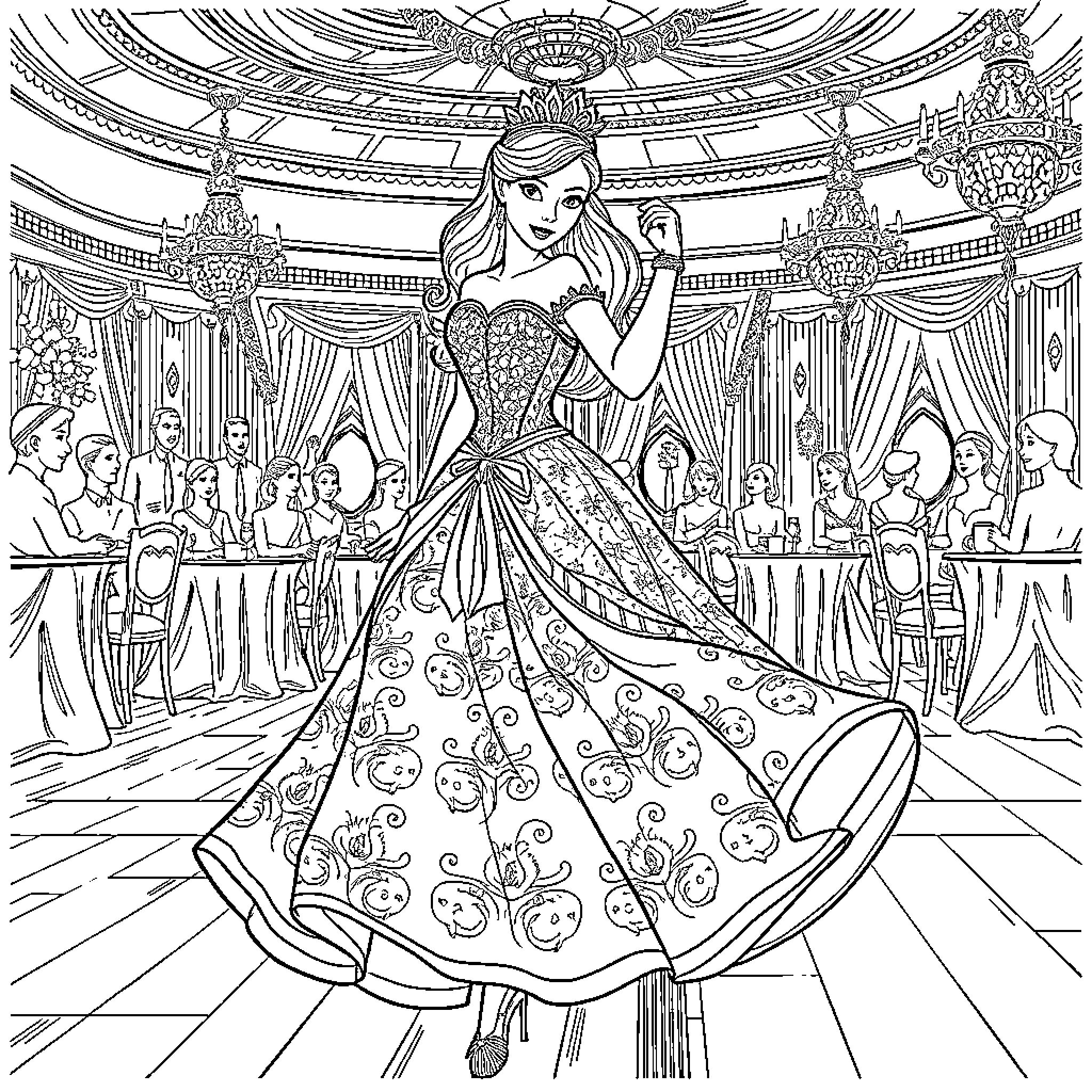 Princess in Elegant Ballroom Gown Dances Gracefully Coloring Page (free black-and-white line drawing printable PDF for all, from beginners to advanced learners, including children, teens, adults, and seniors)