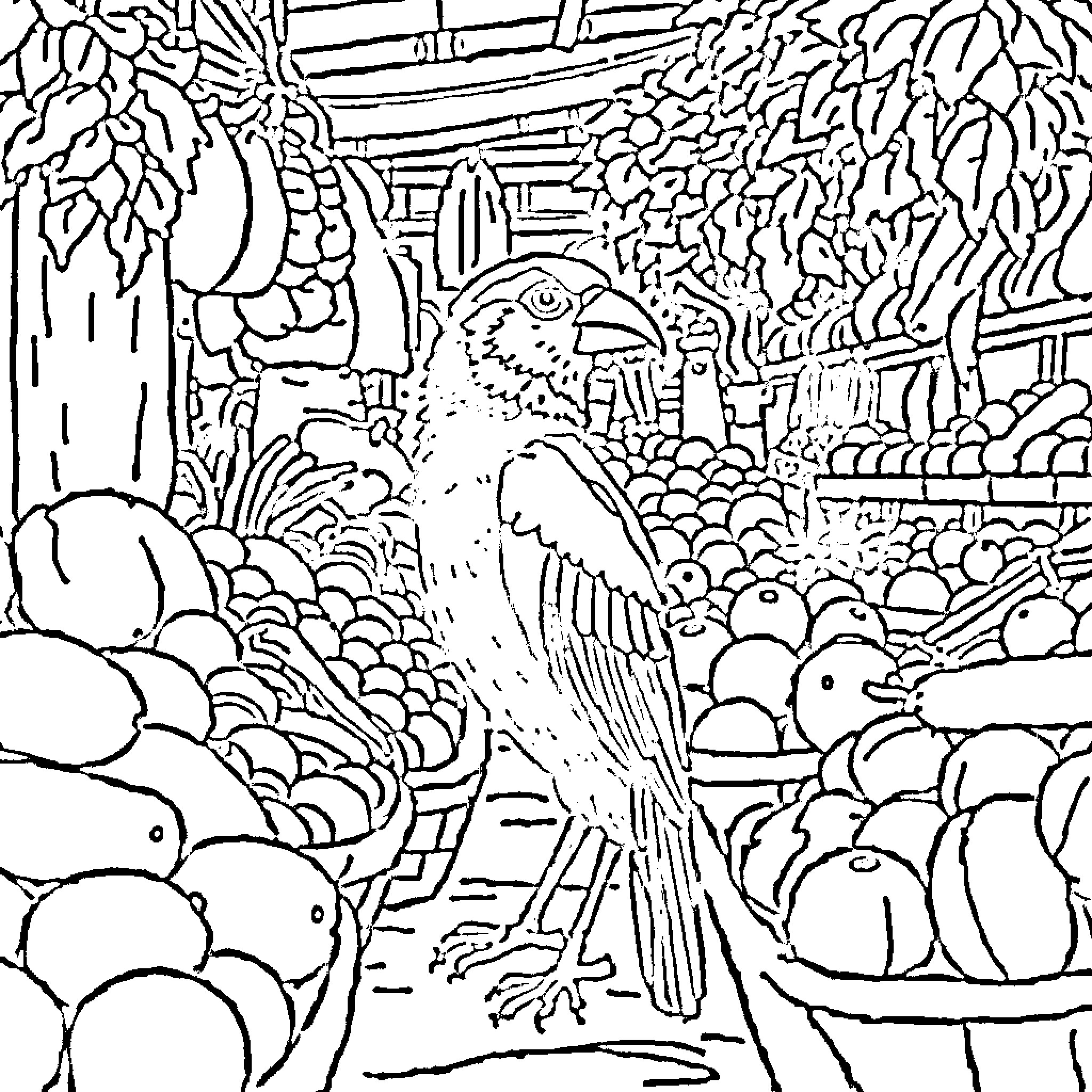 Bird resting among lush greenery Coloring Page (free black-and-white line drawing printable PDF for all, from beginners to advanced learners, including children, teens, adults, and seniors)