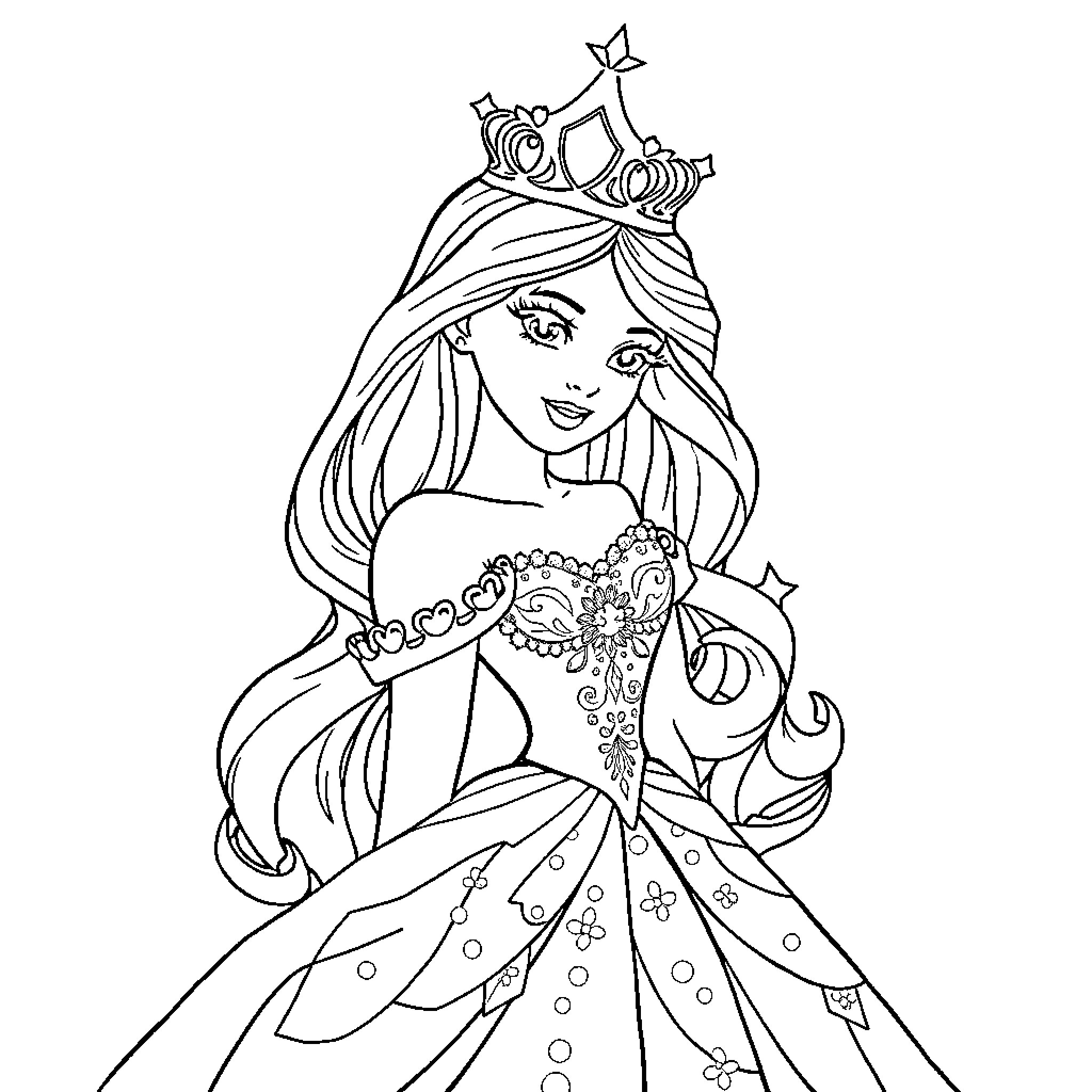 Princess in Ornate Dress and Crown Coloring Page (free black-and-white line drawing printable PDF for all, from beginners to advanced learners, including children, teens, adults, and seniors)