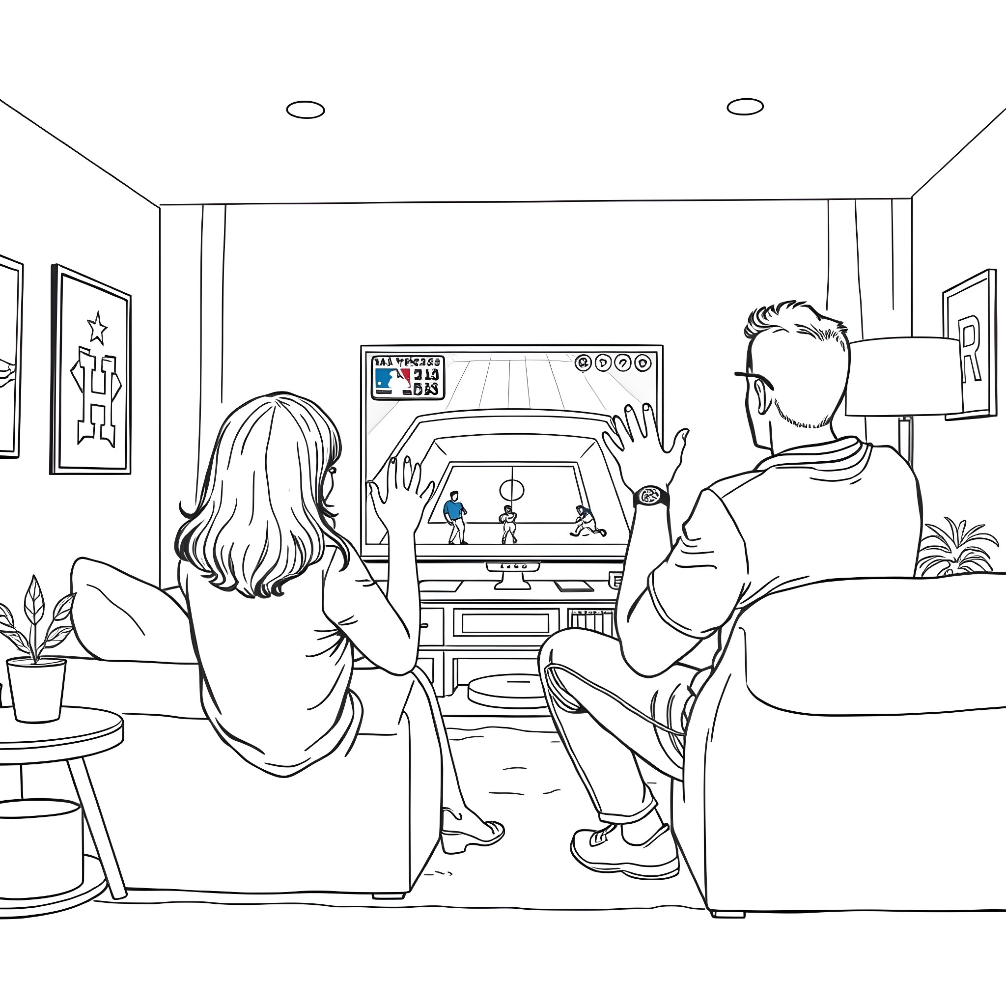 Wife and husband enjoying a video game together at home Coloring Page (free black-and-white line drawing printable PDF for all, from beginners to advanced learners, including children, teens, adults, and seniors)