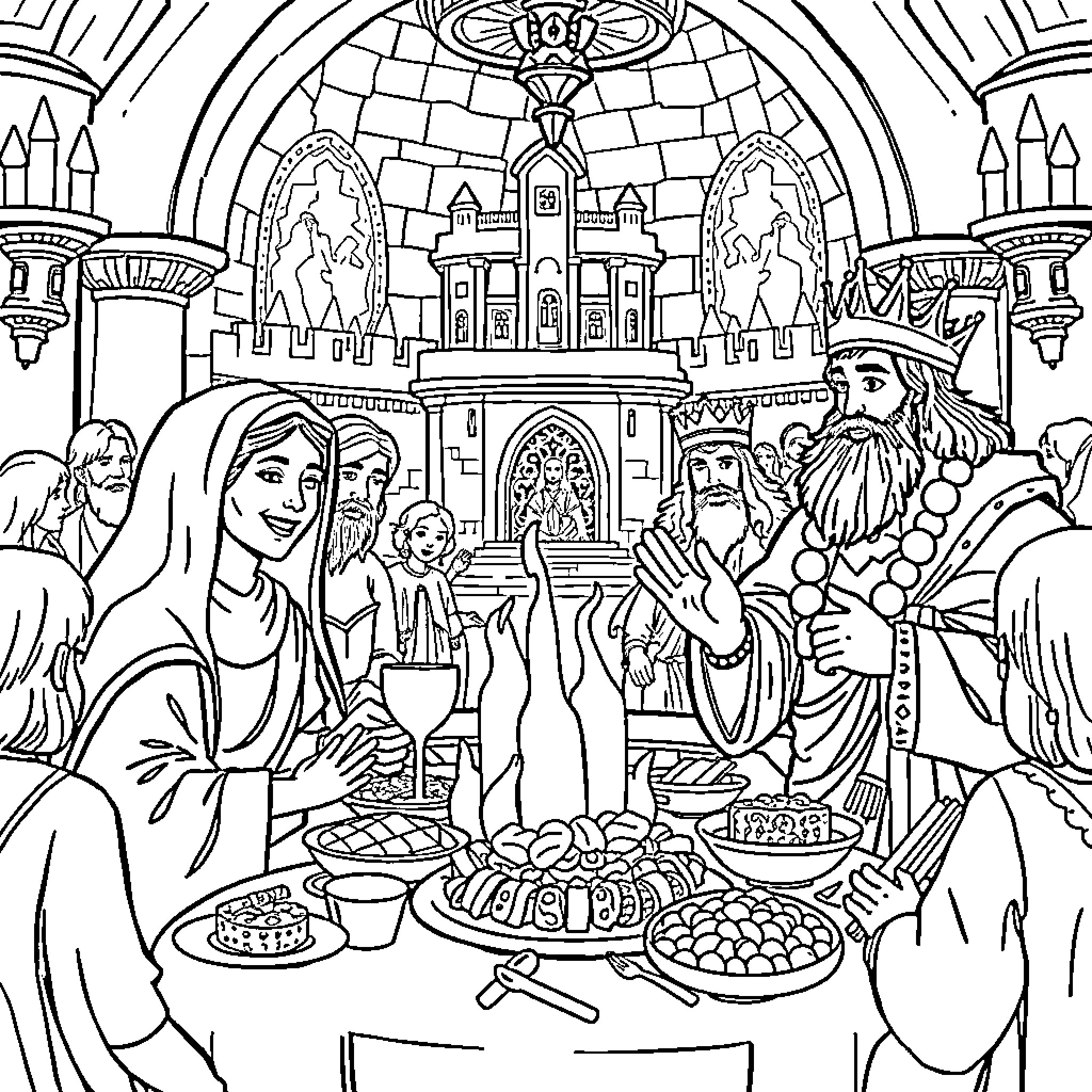 Moses Presiding Over a Feast in a Lavish Palace Coloring Page (free black-and-white line drawing printable PDF for all, from beginners to advanced learners, including children, teens, adults, and seniors)