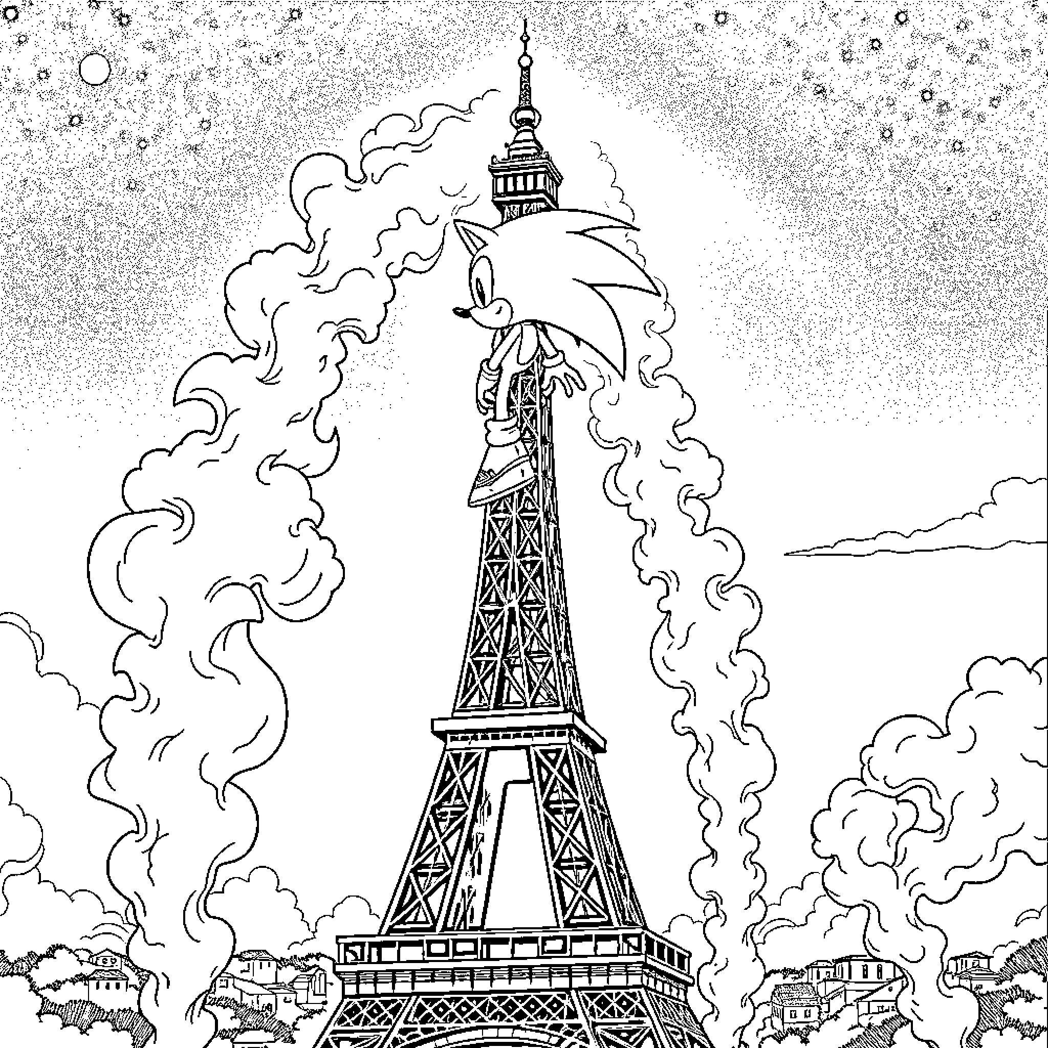 Sonic's Whimsical Eiffel Tower Adventure Coloring Page (free black-and-white line drawing printable PDF for all, from beginners to advanced learners, including children, teens, adults, and seniors)