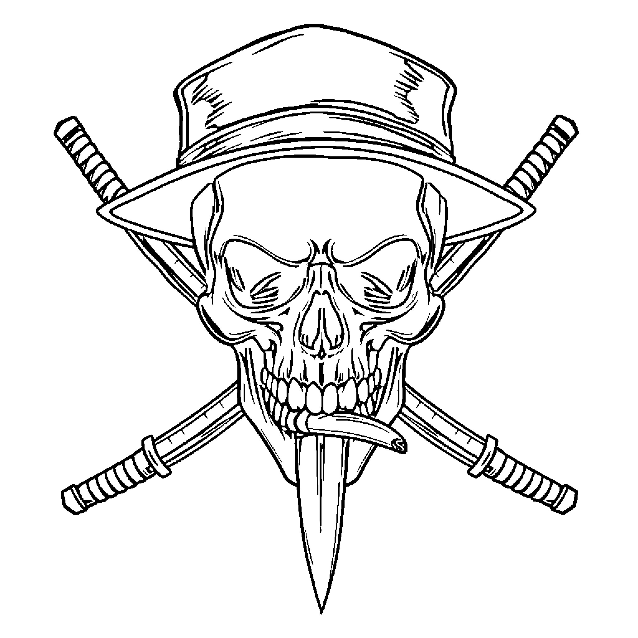 Skull wearing hat with crossed swords Coloring Page (free black-and-white line drawing printable PDF for all, from beginners to advanced learners, including children, teens, adults, and seniors)
