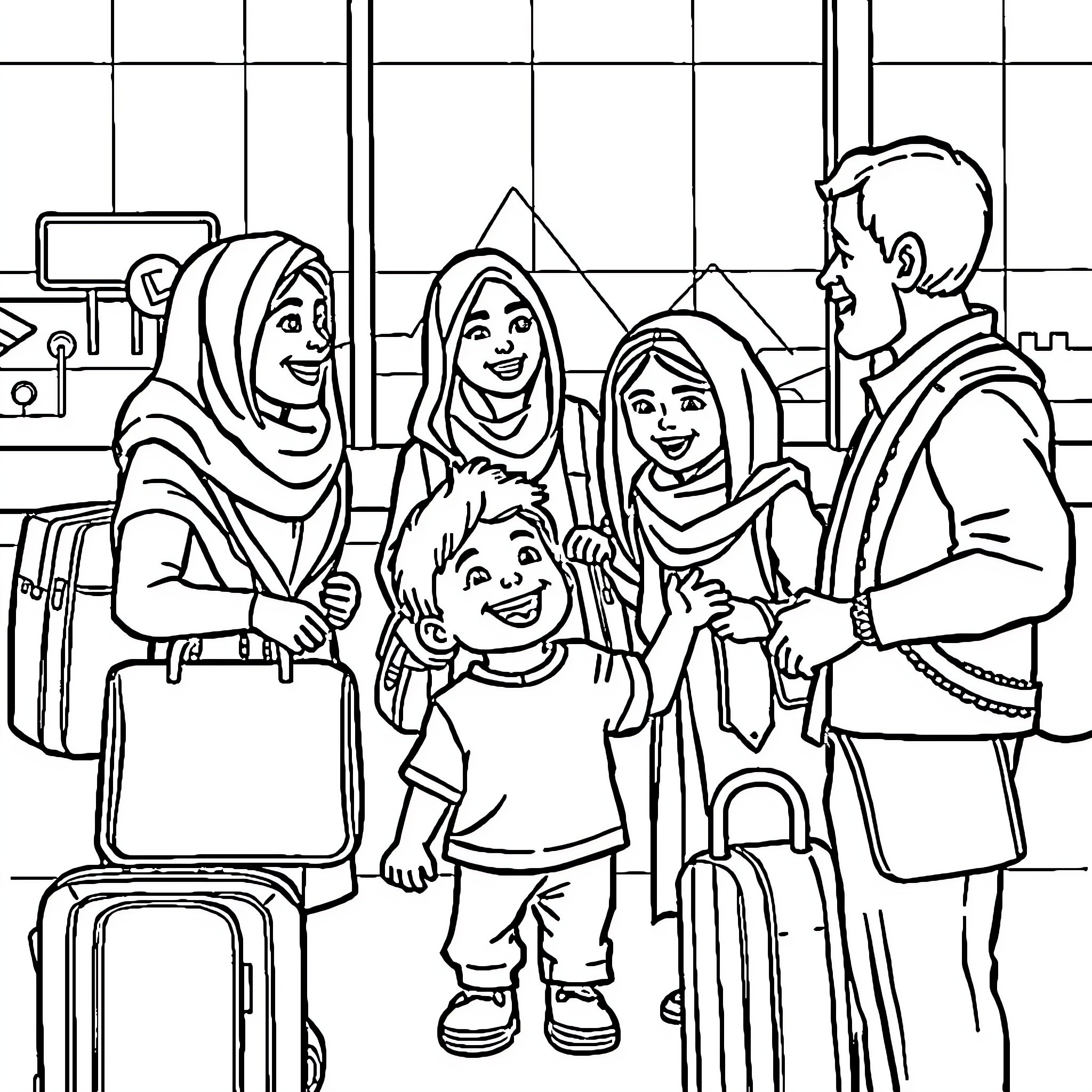 Family Traveling Together at the Airport Coloring Page (free black-and-white line drawing printable PDF for all, from beginners to advanced learners, including children, teens, adults, and seniors)