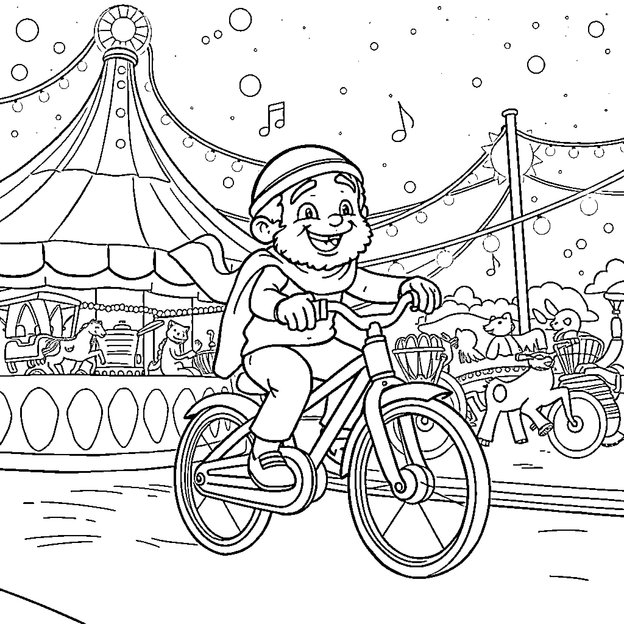 Rumi's Joyful Bike Ride at the Carnival Coloring Page (free black-and-white line drawing printable PDF for all, from beginners to advanced learners, including children, teens, adults, and seniors)