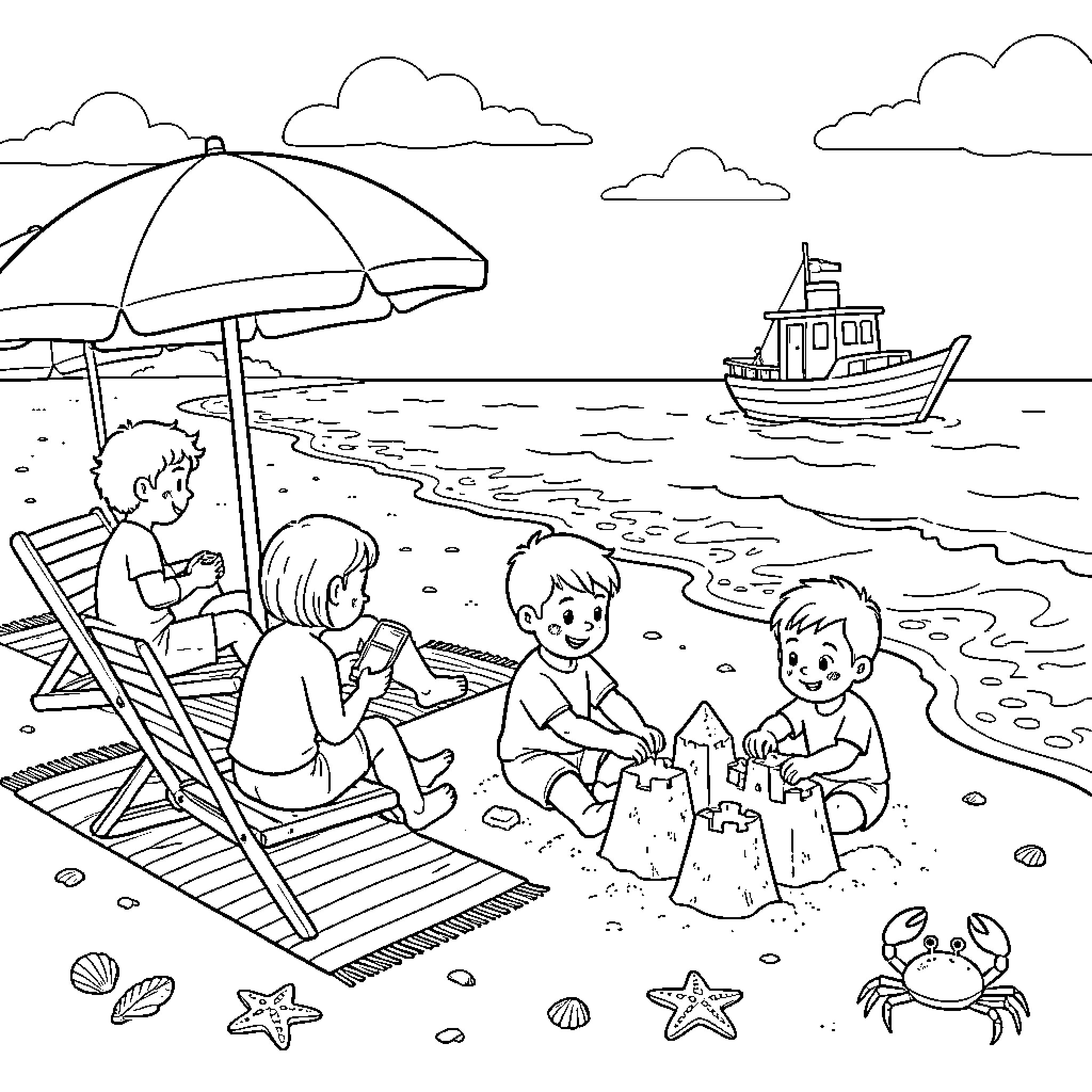 Family enjoying a relaxing day at the beach Coloring Page (free black-and-white line drawing printable PDF for all, from beginners to advanced learners, including children, teens, adults, and seniors)