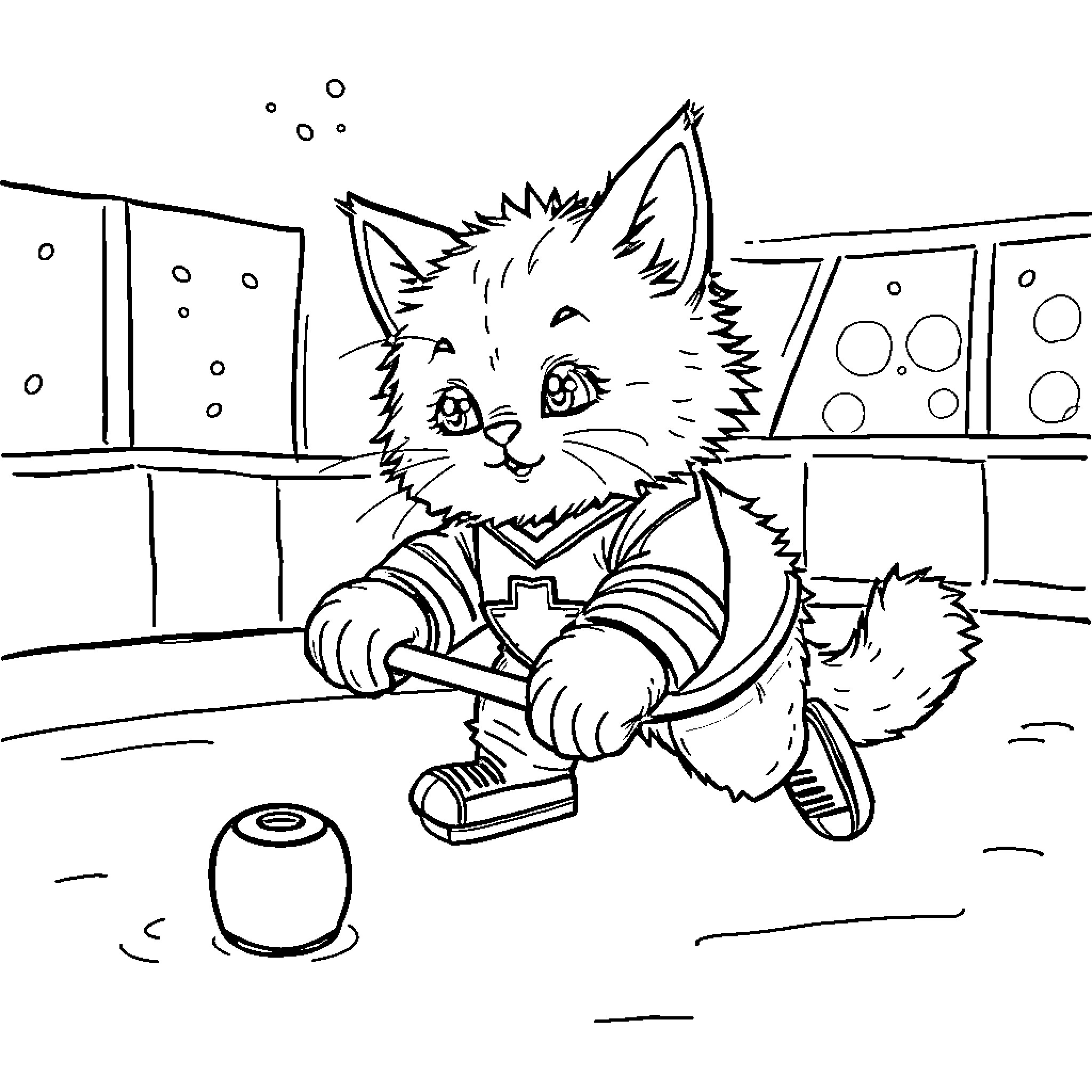 Cat Veterinarian Examining Paw in Medical Room Coloring Page (free black-and-white line drawing printable PDF for all, from beginners to advanced learners, including children, teens, adults, and seniors)