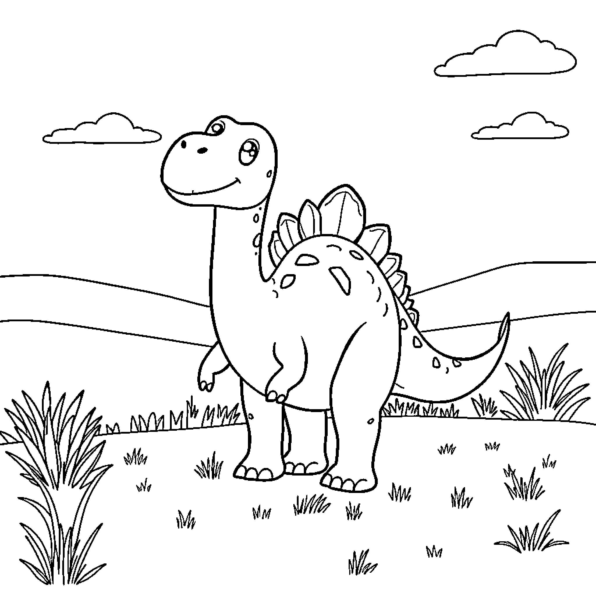 Brachiosaurus enjoying a peaceful stroll in the countryside Coloring Page (free black-and-white line drawing printable PDF for all, from beginners to advanced learners, including children, teens, adults, and seniors)