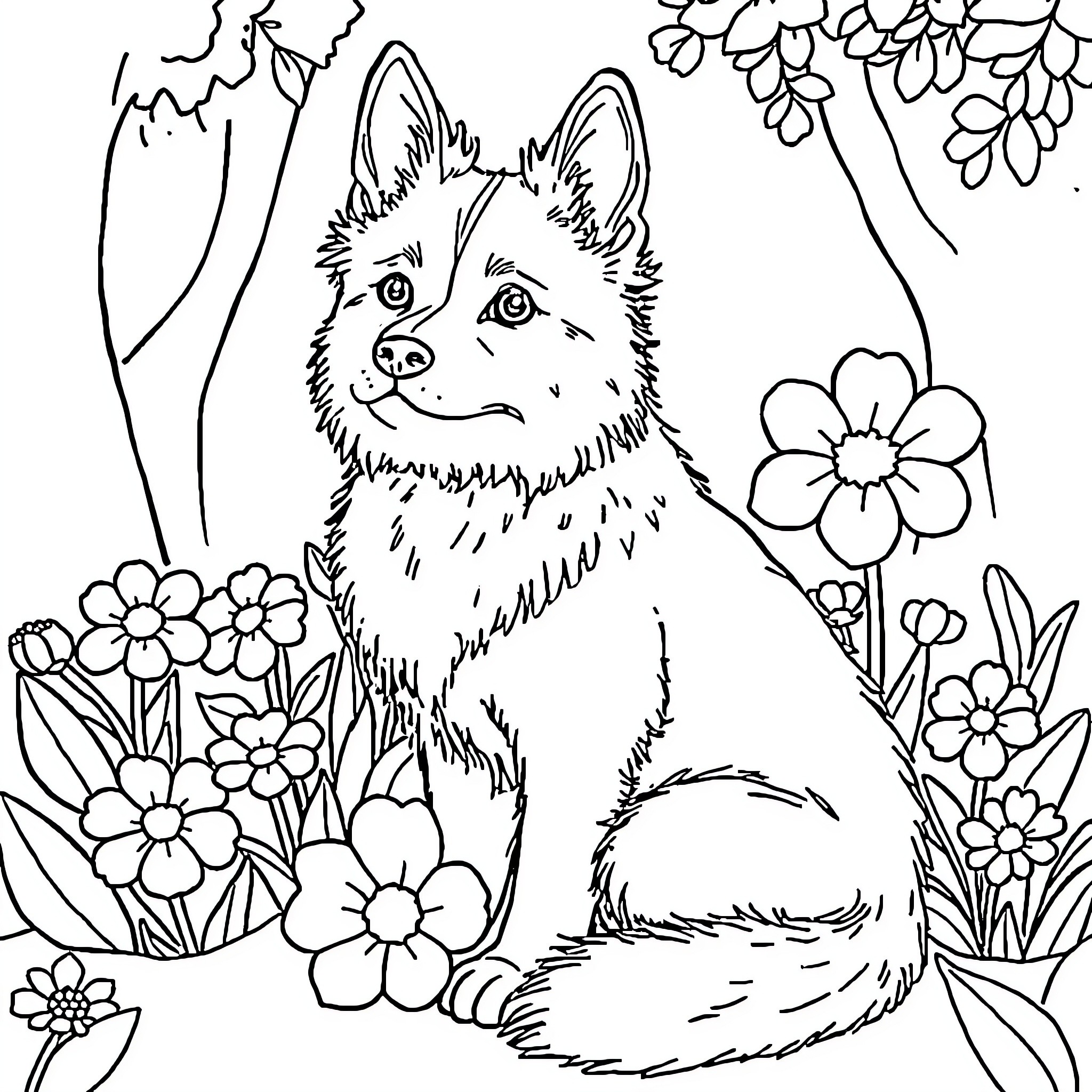 Dog sitting among colorful flowers Coloring Page (free black-and-white line drawing printable PDF for all, from beginners to advanced learners, including children, teens, adults, and seniors)