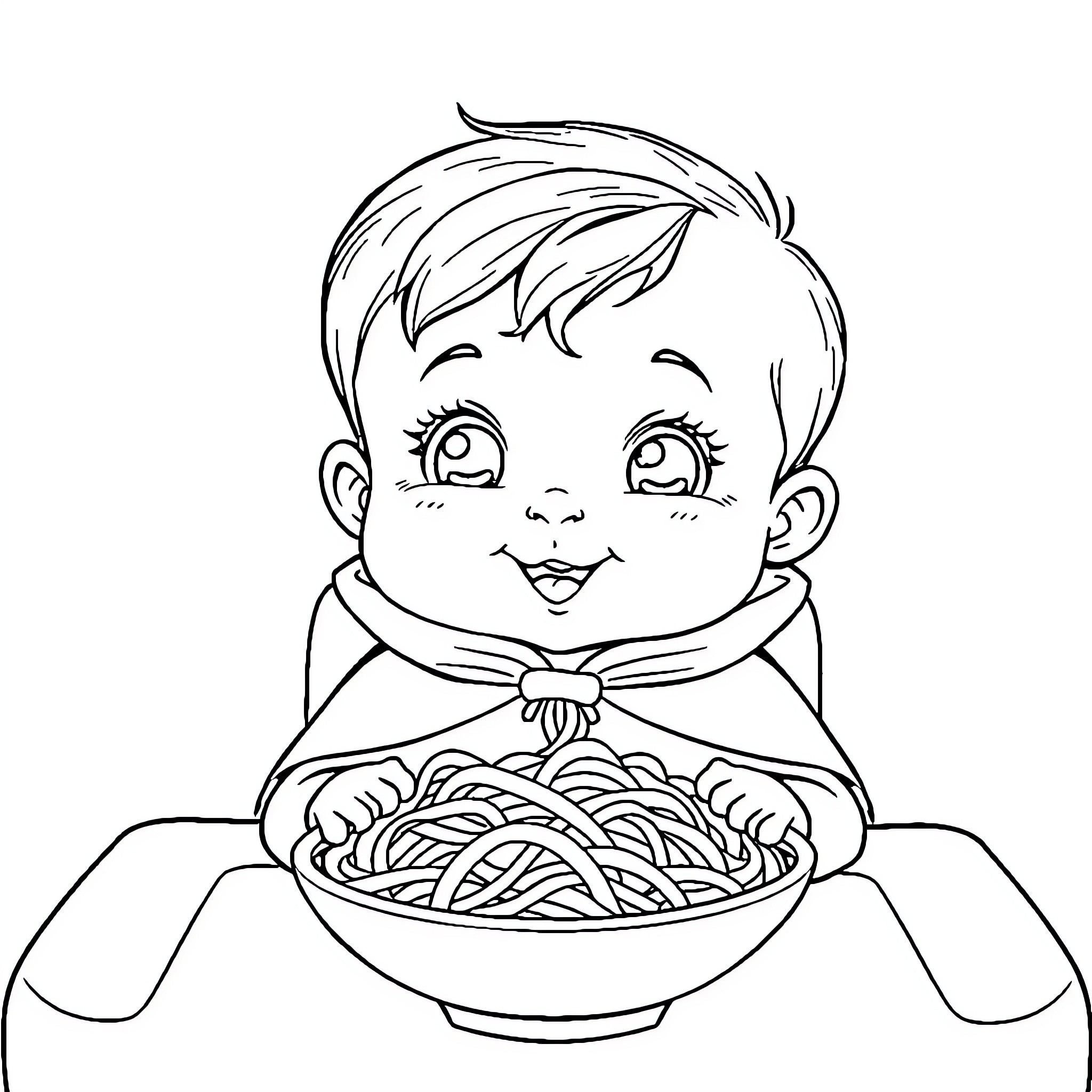 Baby enjoying a delicious pasta meal Coloring Page (free black-and-white line drawing printable PDF for all, from beginners to advanced learners, including children, teens, adults, and seniors)
