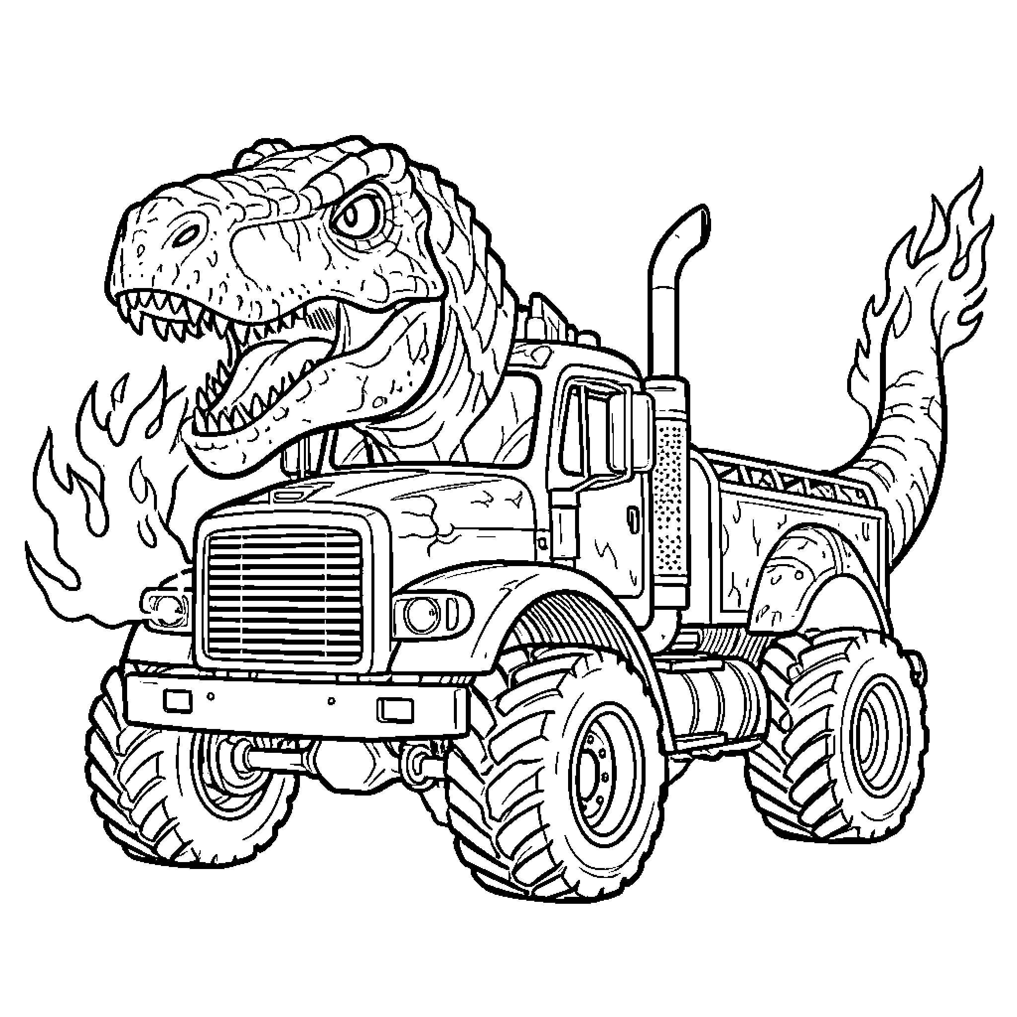 Monster Truck driven by a roaring dinosaur Coloring Page (free black-and-white line drawing printable PDF for all, from beginners to advanced learners, including children, teens, adults, and seniors)