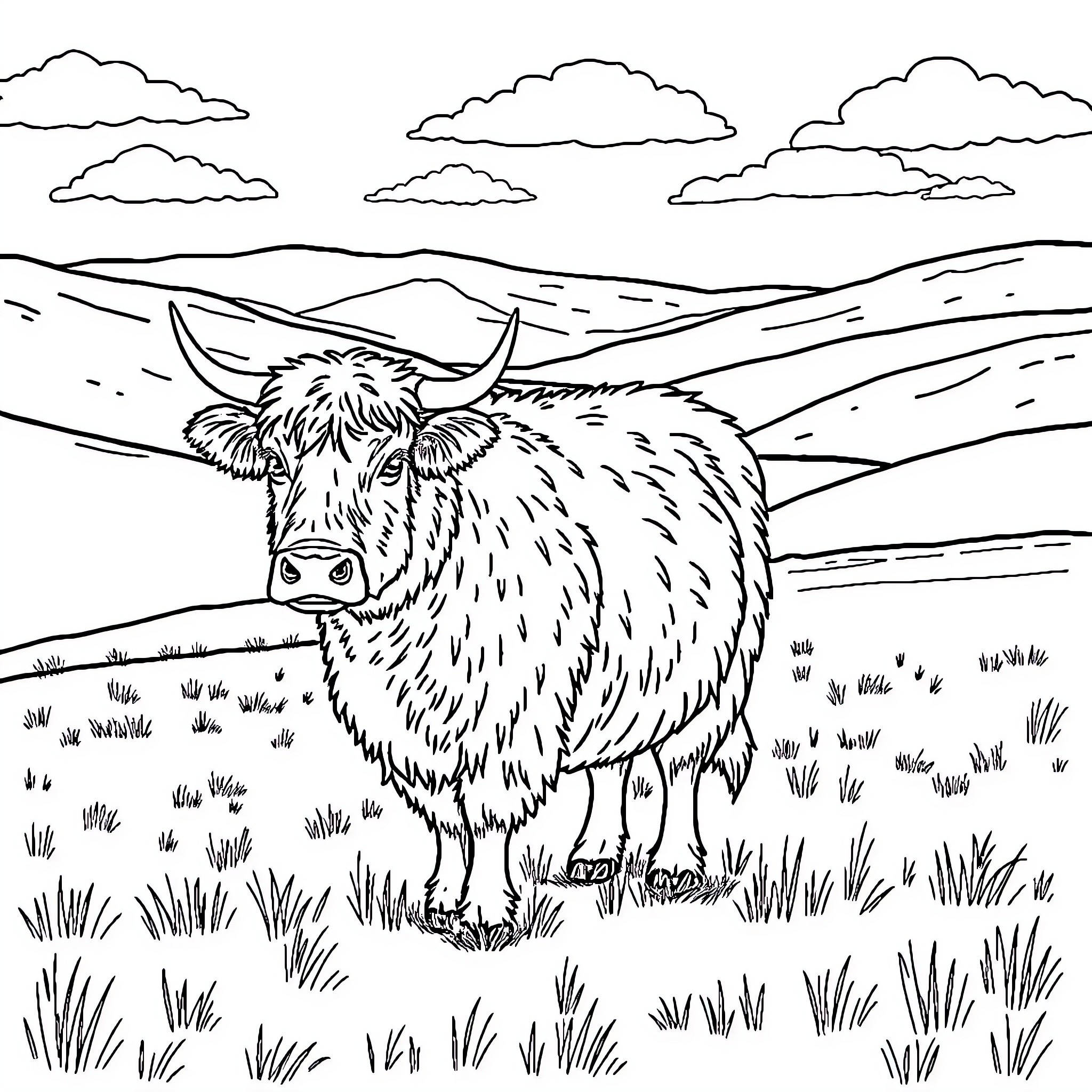 Highland Cow grazing in a scenic countryside Coloring Page (free black-and-white line drawing printable PDF for all, from beginners to advanced learners, including children, teens, adults, and seniors)