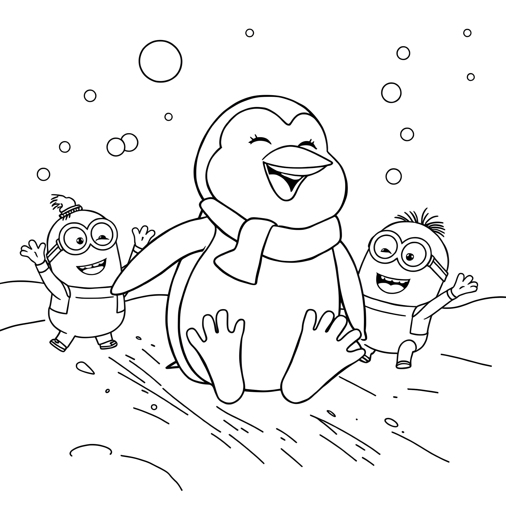 Penguin and Minions enjoying a snowy day Coloring Page (free black-and-white line drawing printable PDF for all, from beginners to advanced learners, including children, teens, adults, and seniors)