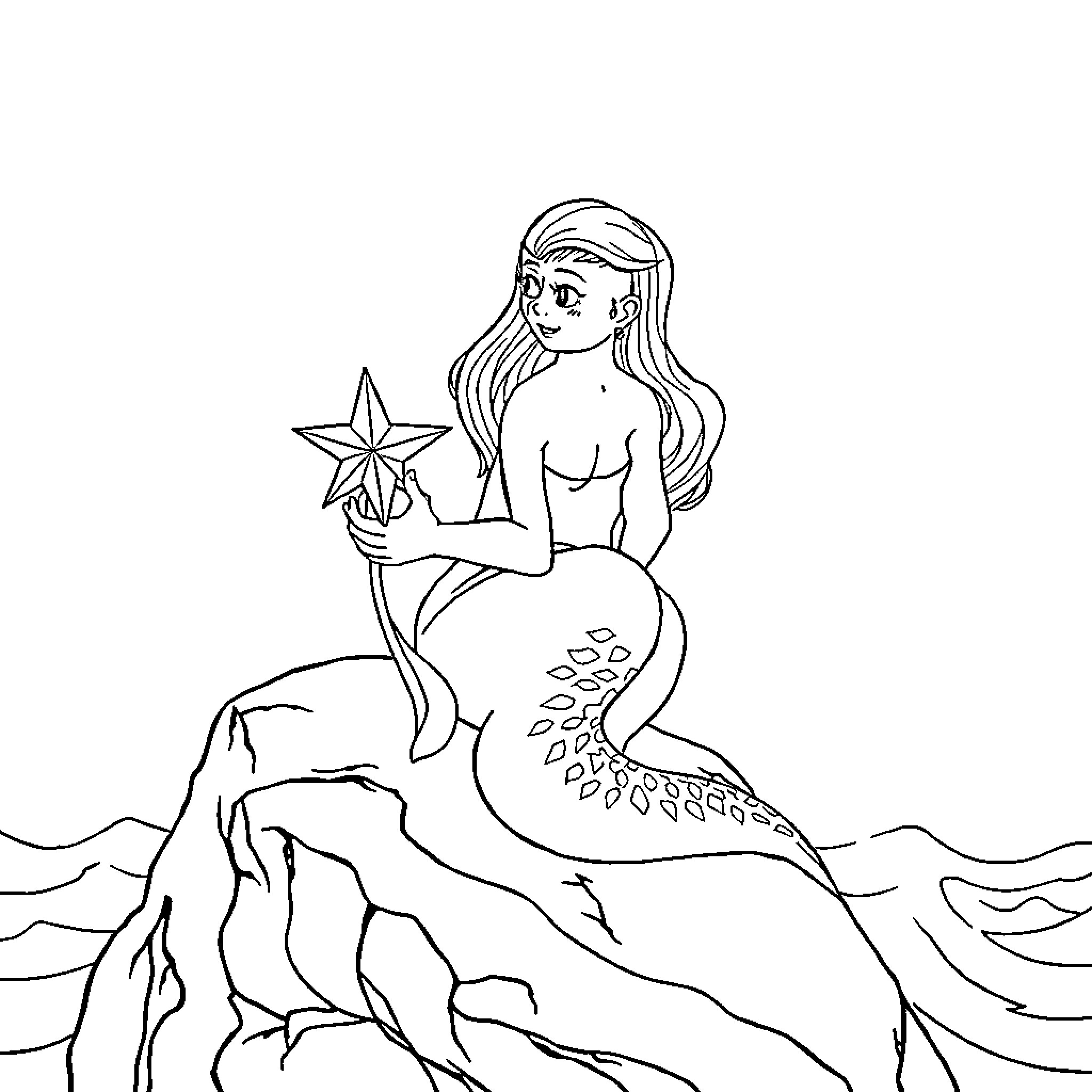 Mermaid with Shimmering Star on Coastal Rocks Coloring Page (free black-and-white line drawing printable PDF for all, from beginners to advanced learners, including children, teens, adults, and seniors)
