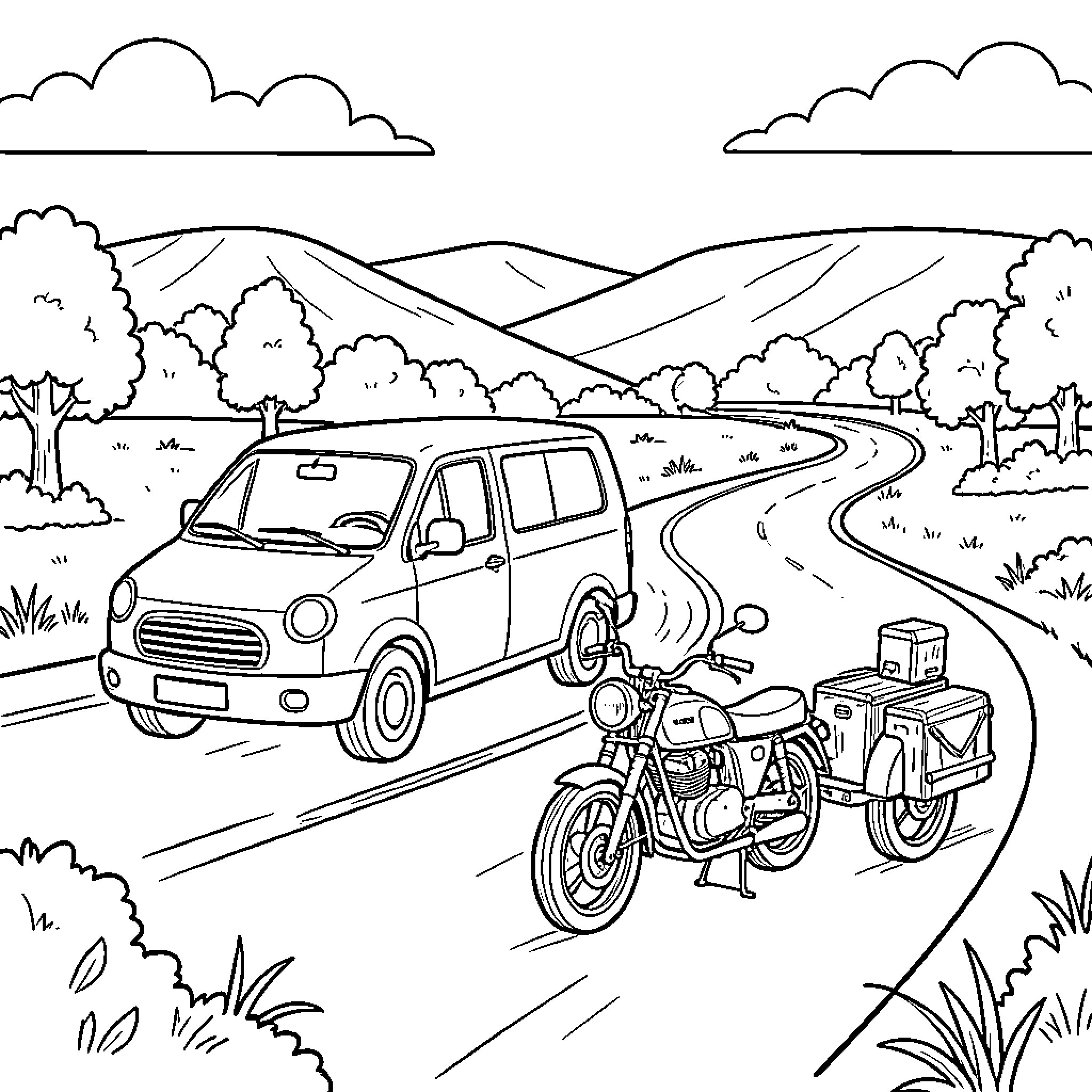 Maxi van and motorcycle traveling along a winding road Coloring Page (free black-and-white line drawing printable PDF for all, from beginners to advanced learners, including children, teens, adults, and seniors)