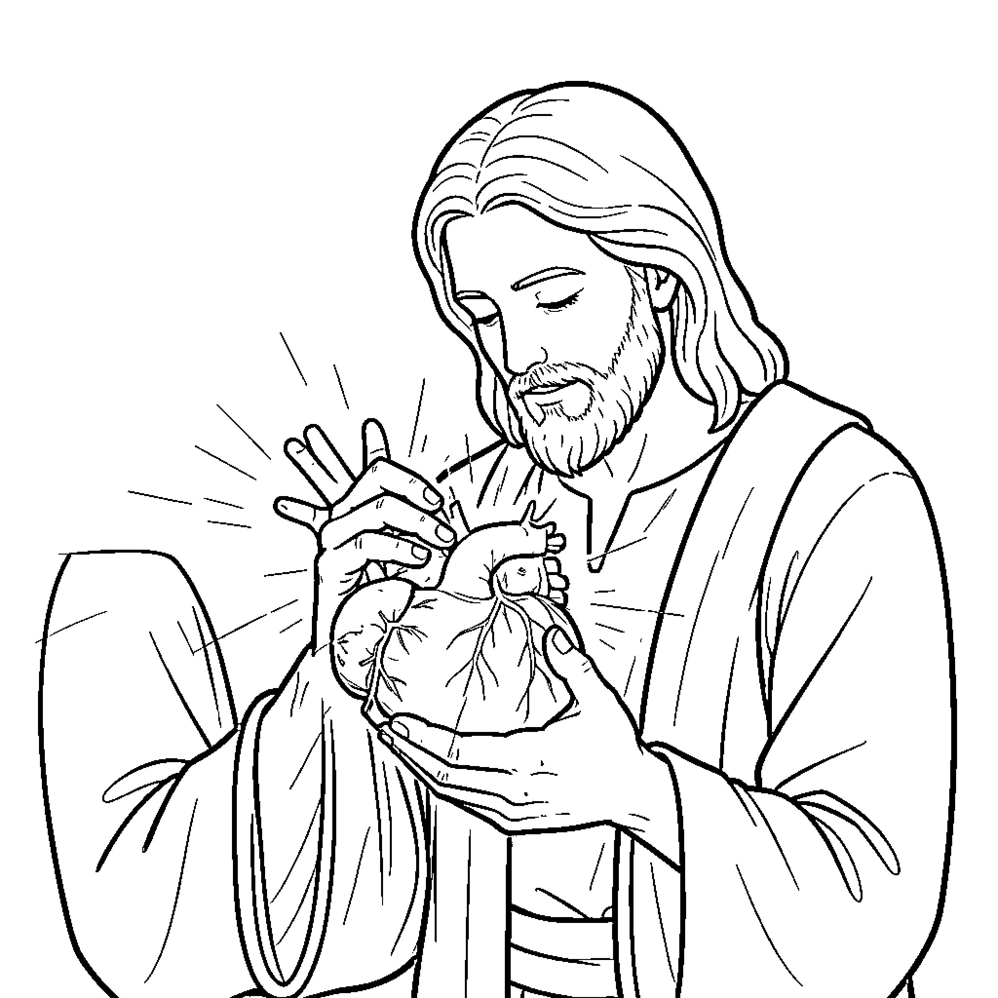 Jesus Displaying His Sacred Heart Coloring Page (free black-and-white line drawing printable PDF for all, from beginners to advanced learners, including children, teens, adults, and seniors)