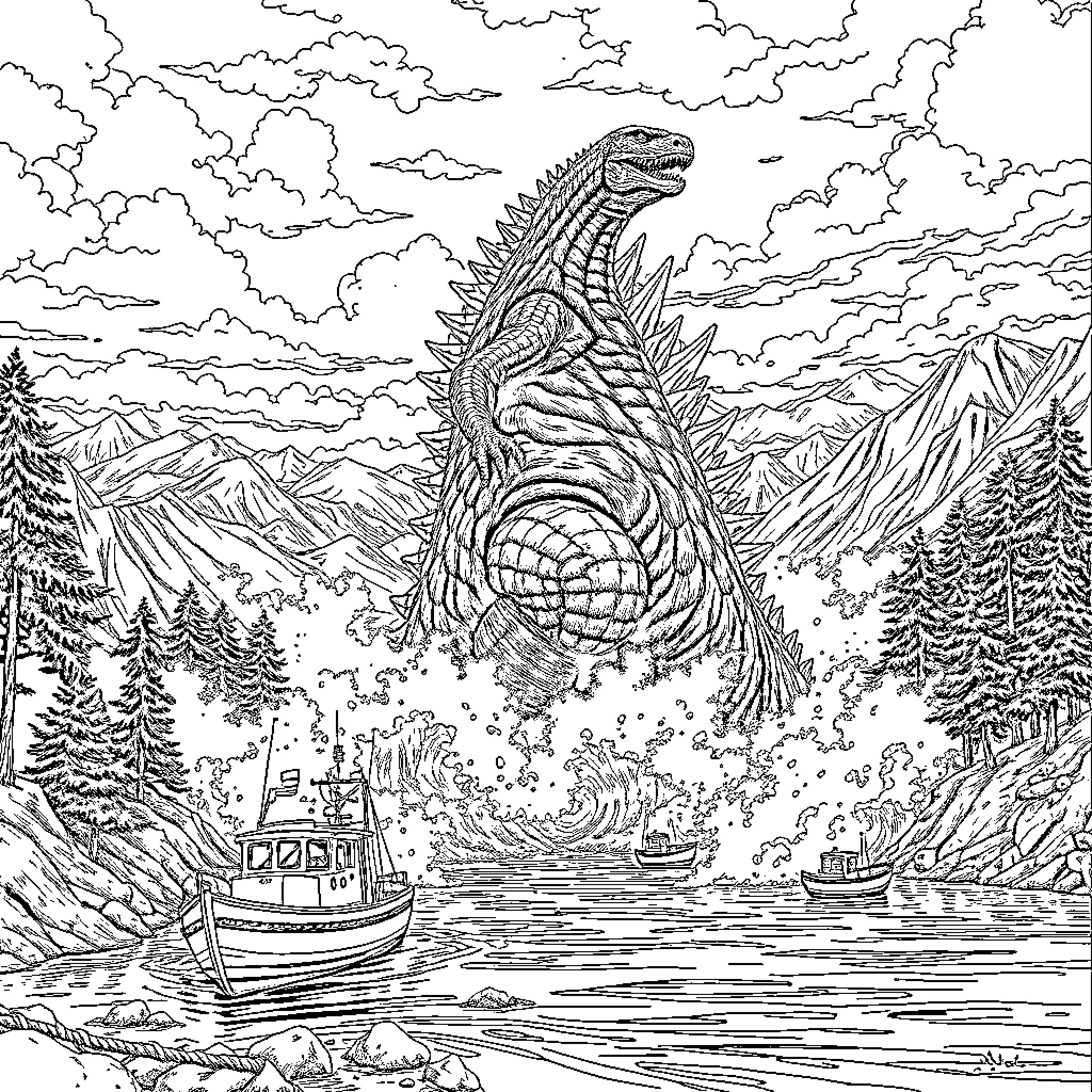 Godzilla rampaging through the wilderness Coloring Page (free black-and-white line drawing printable PDF for all, from beginners to advanced learners, including children, teens, adults, and seniors)