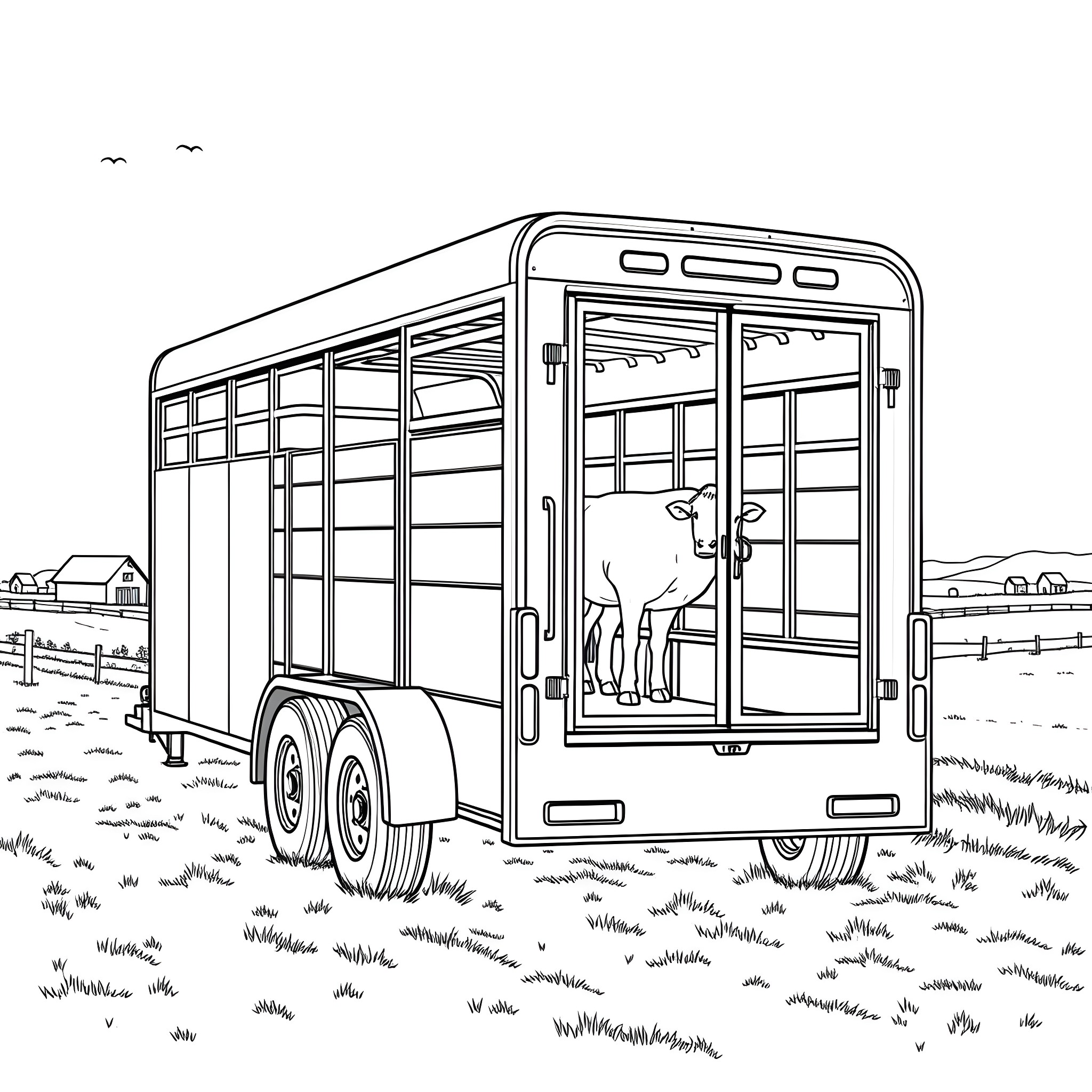 Gooseneck Trailer with Livestock in Rural Landscape Coloring Page (free black-and-white line drawing printable PDF for all, from beginners to advanced learners, including children, teens, adults, and seniors)