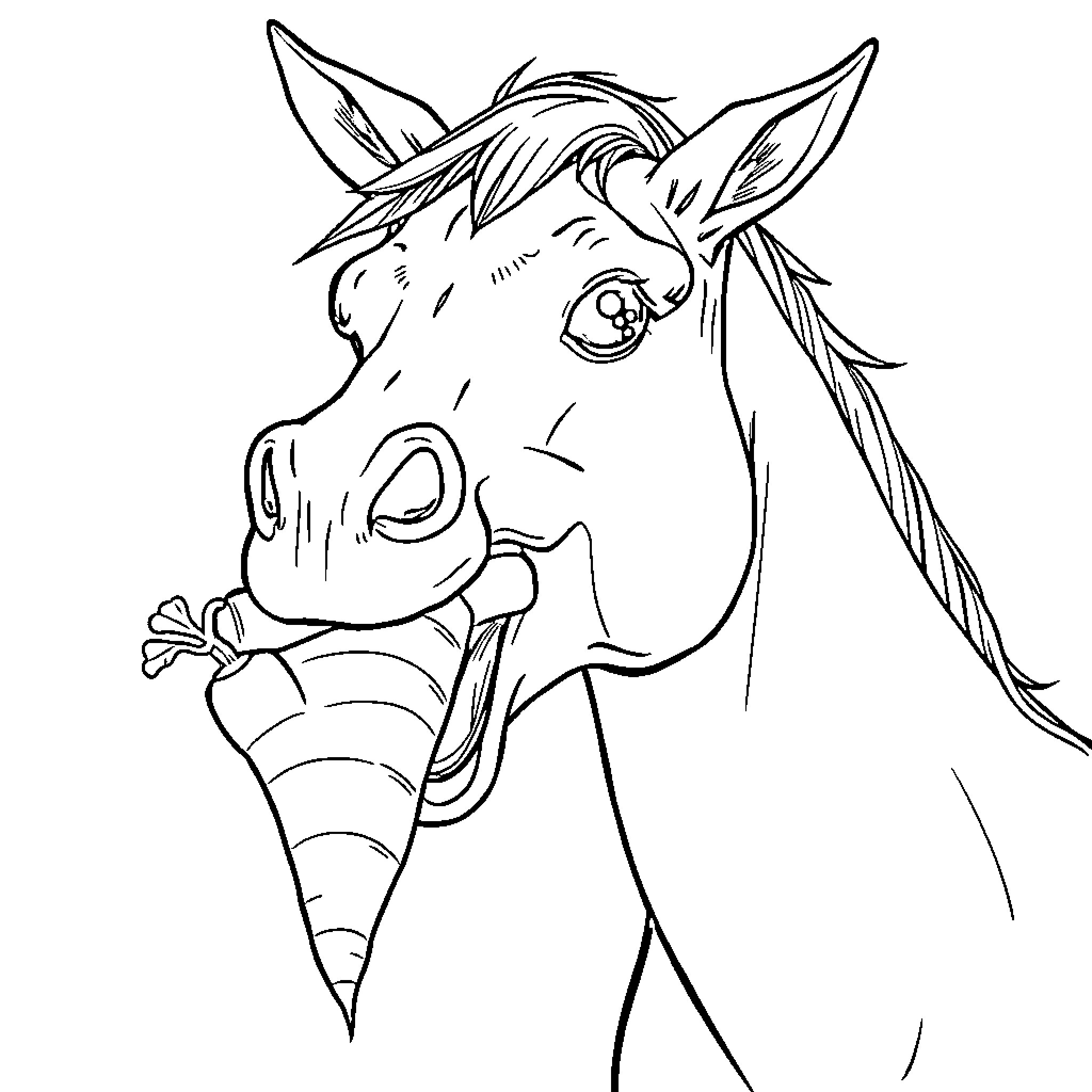 Horse making a funny face Coloring Page (free black-and-white line drawing printable PDF for all, from beginners to advanced learners, including children, teens, adults, and seniors)