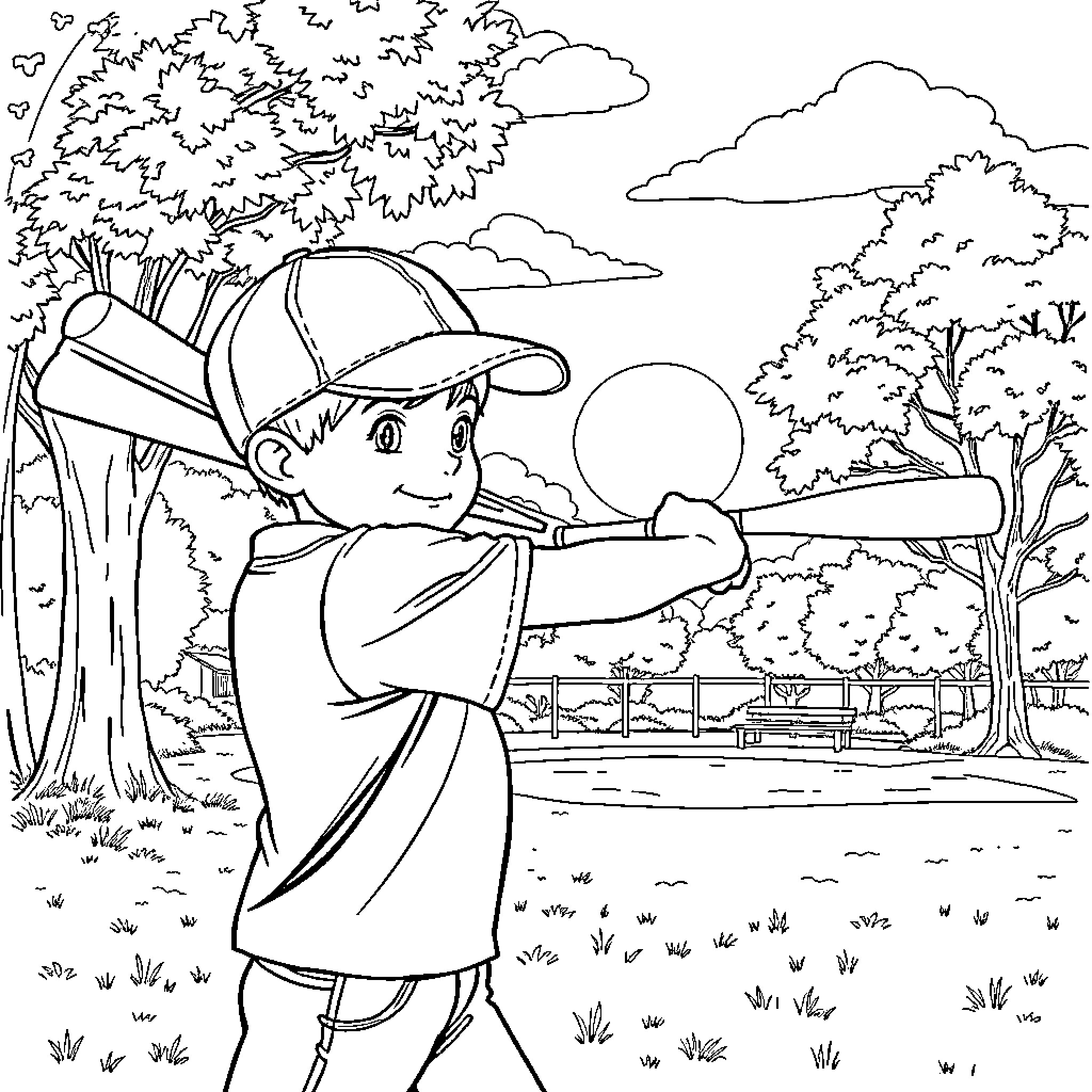 Boy enjoying a baseball game in the park Coloring Page (free black-and-white line drawing printable PDF for all, from beginners to advanced learners, including children, teens, adults, and seniors)