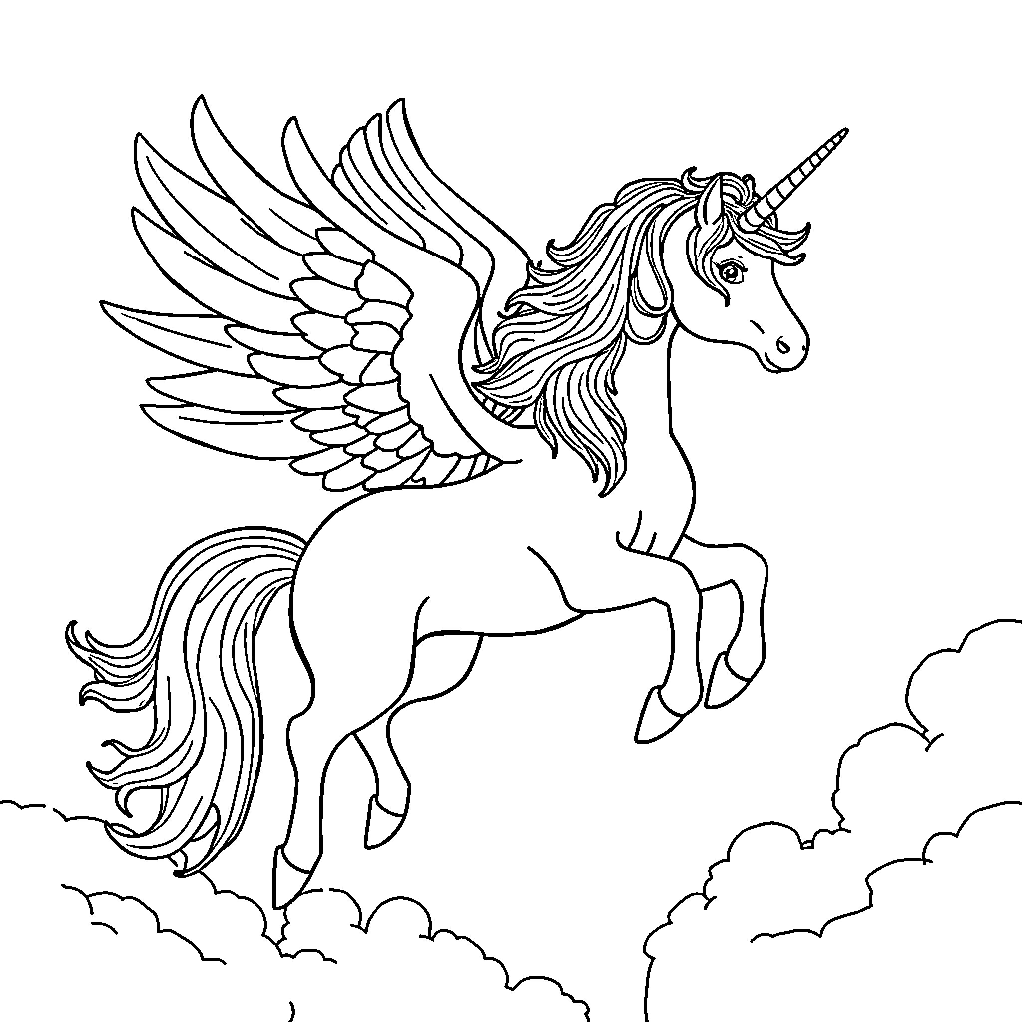 Unicorn majestically soaring through the clouds Coloring Page (free black-and-white line drawing printable PDF for all, from beginners to advanced learners, including children, teens, adults, and seniors)