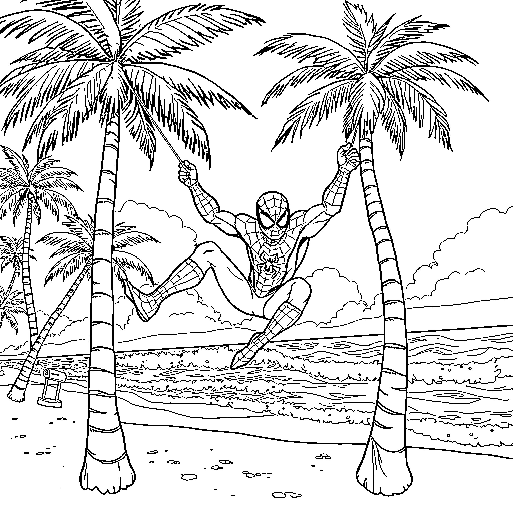 Spiderman swinging through palm trees on a tropical beach Coloring Page (free black-and-white line drawing printable PDF for all, from beginners to advanced learners, including children, teens, adults, and seniors)