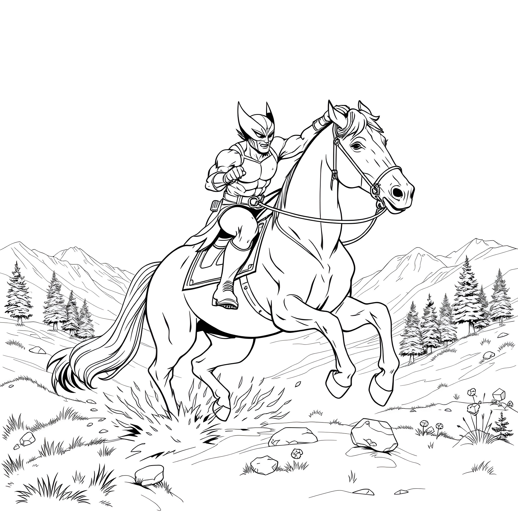 Wolverine riding a powerful horse through the wilderness Coloring Page (free black-and-white line drawing printable PDF for all, from beginners to advanced learners, including children, teens, adults, and seniors)