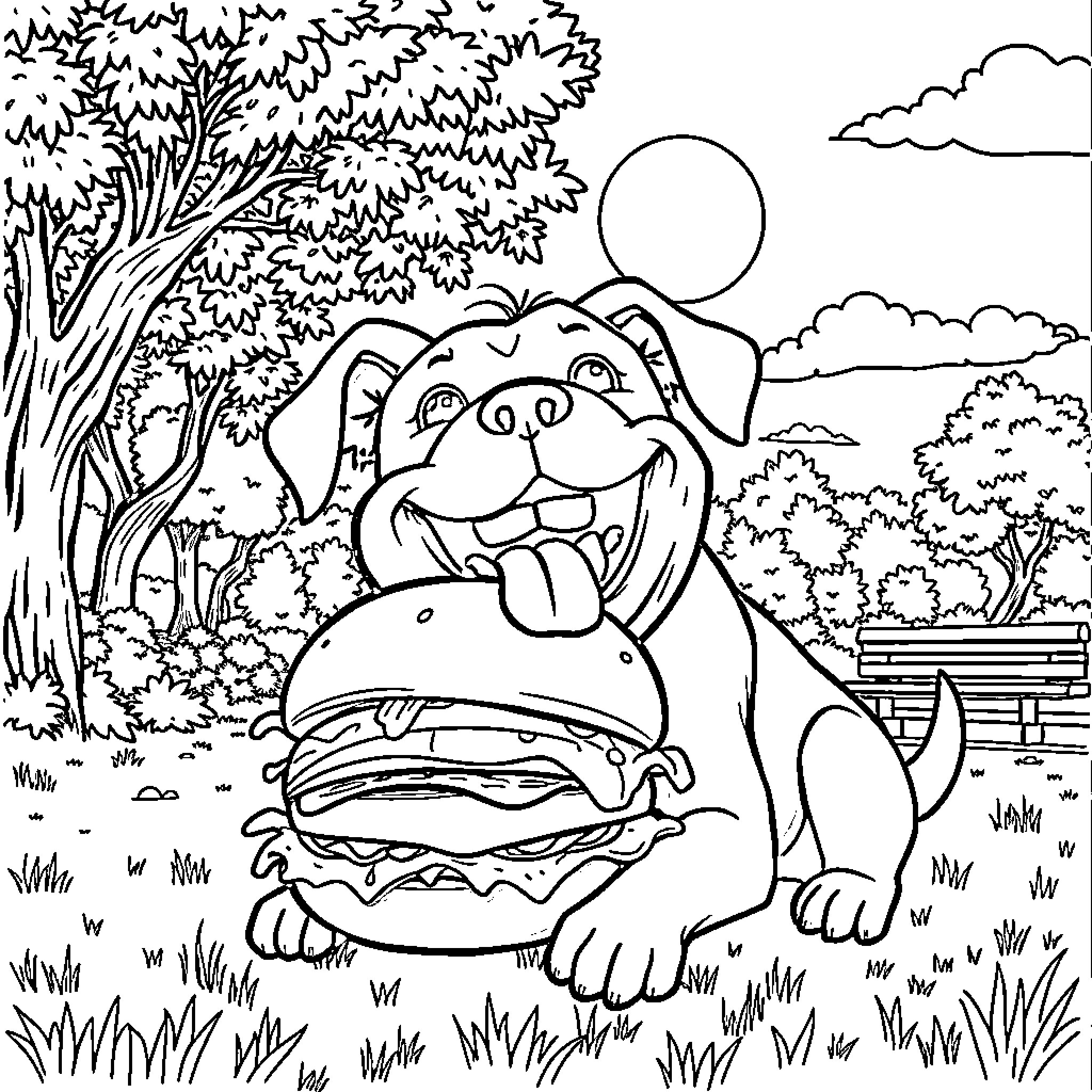 Dog enjoying a tasty hamburger in a park Coloring Page (free black-and-white line drawing printable PDF for all, from beginners to advanced learners, including children, teens, adults, and seniors)