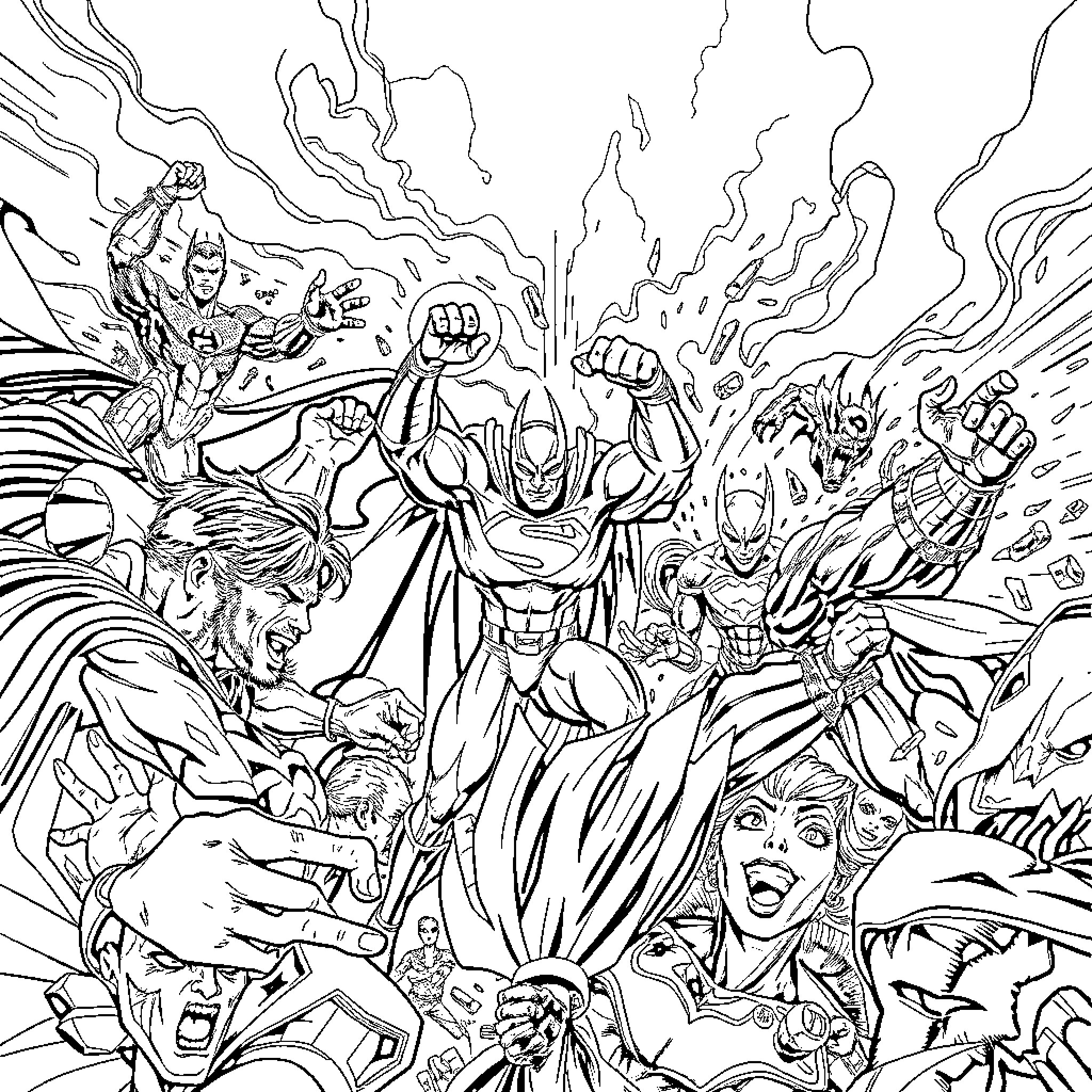 DC Heroes in epic battle against villains Coloring Page (free black-and-white line drawing printable PDF for all, from beginners to advanced learners, including children, teens, adults, and seniors)