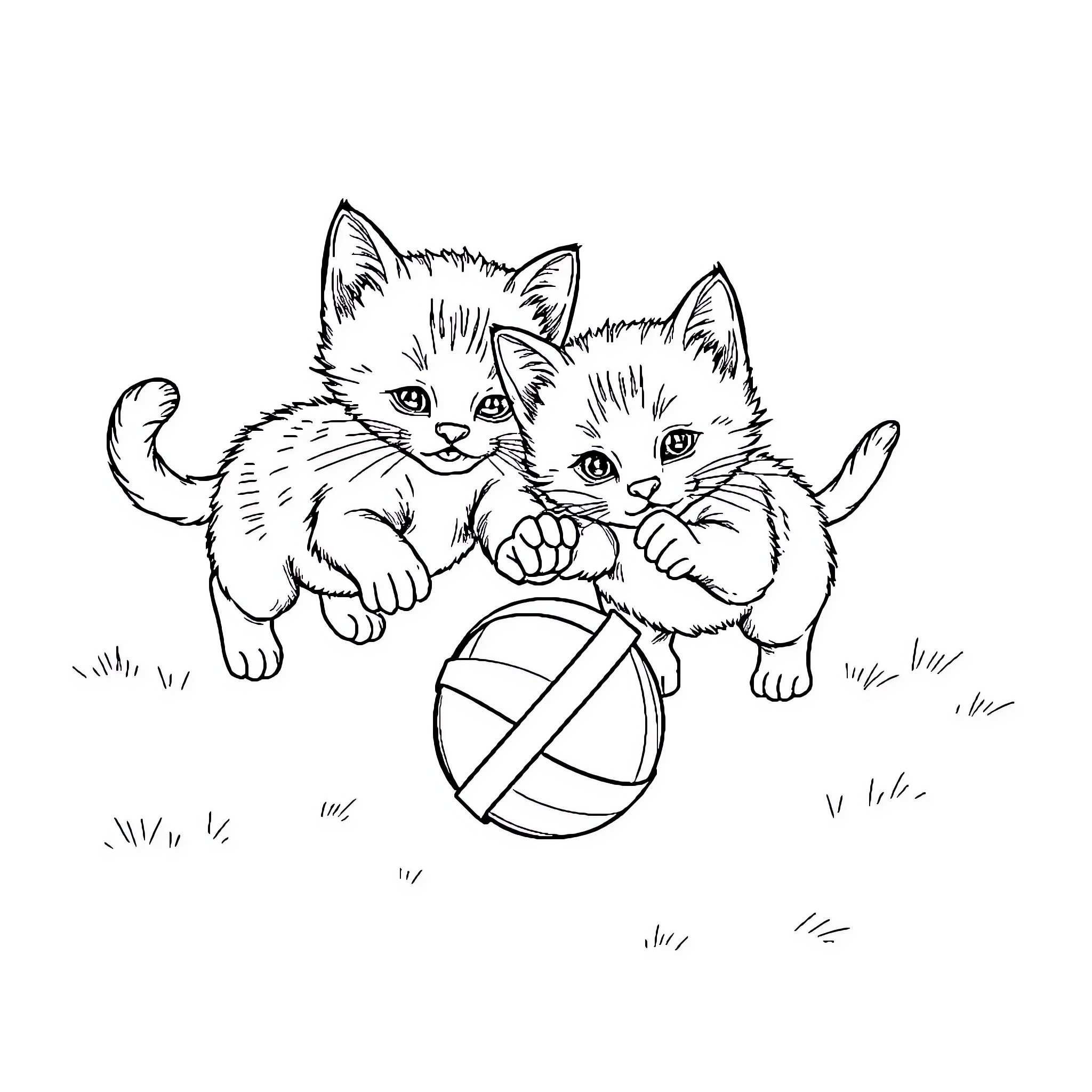 Kittens Playing Playfully with Ball Coloring Page (free black-and-white line drawing printable PDF for all, from beginners to advanced learners, including children, teens, adults, and seniors)