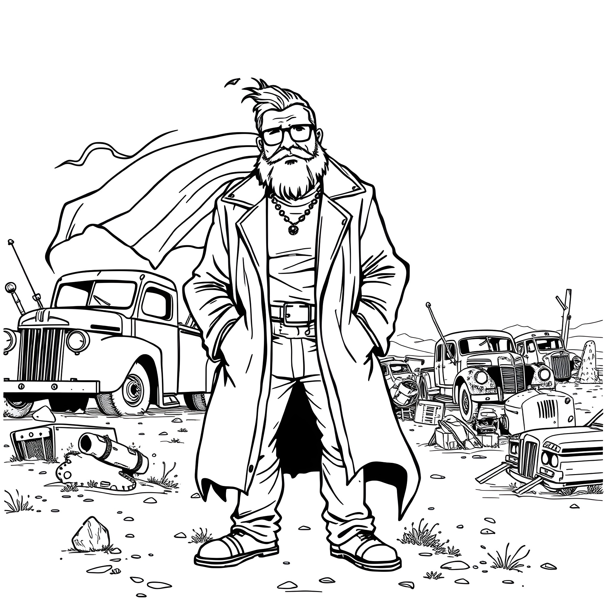 Silent Bob in a Rustic Landscape Coloring Page (free black-and-white line drawing printable PDF for all, from beginners to advanced learners, including children, teens, adults, and seniors)