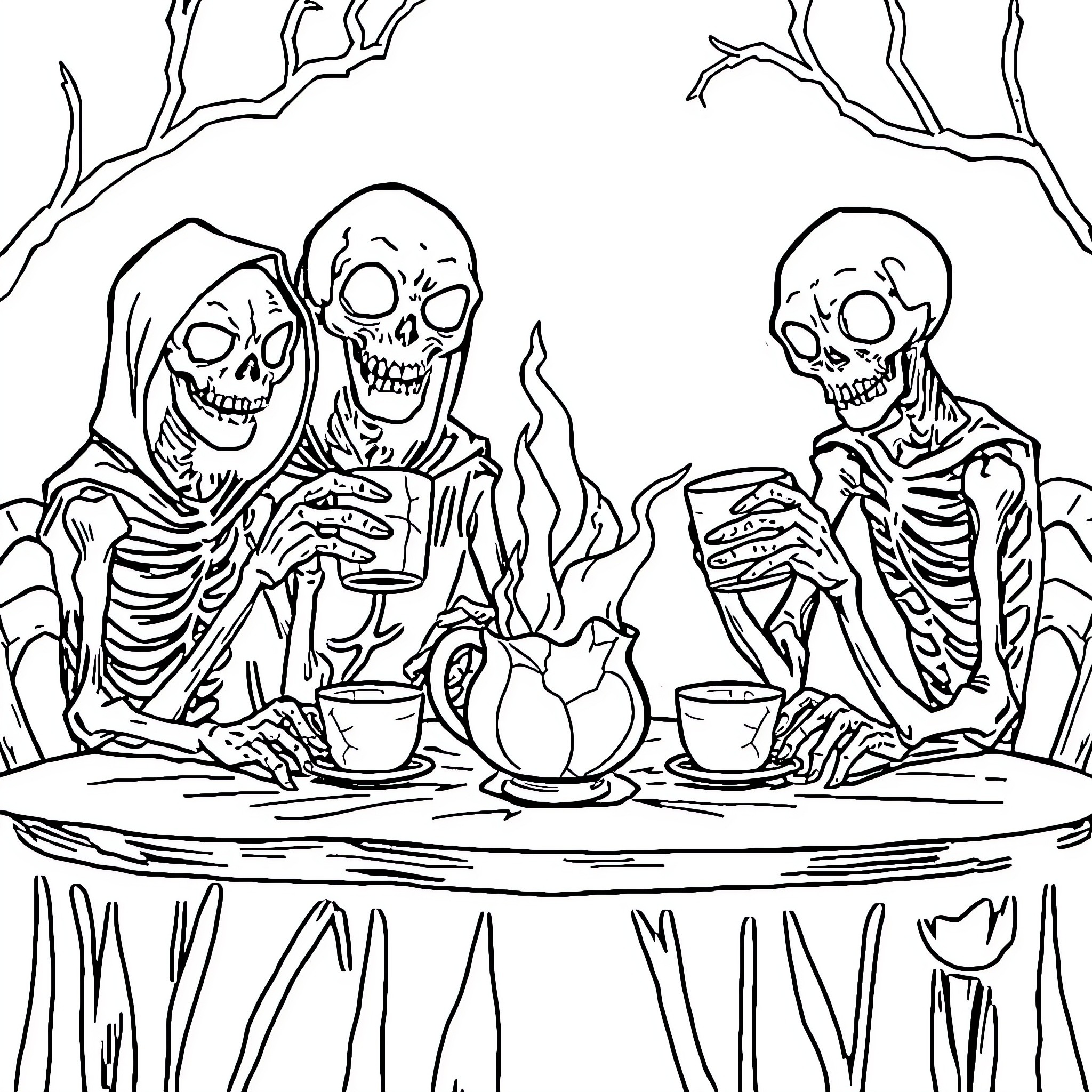 Undead Skeletons Enjoying a Macabre Tea Party Coloring Page (free black-and-white line drawing printable PDF for all, from beginners to advanced learners, including children, teens, adults, and seniors)