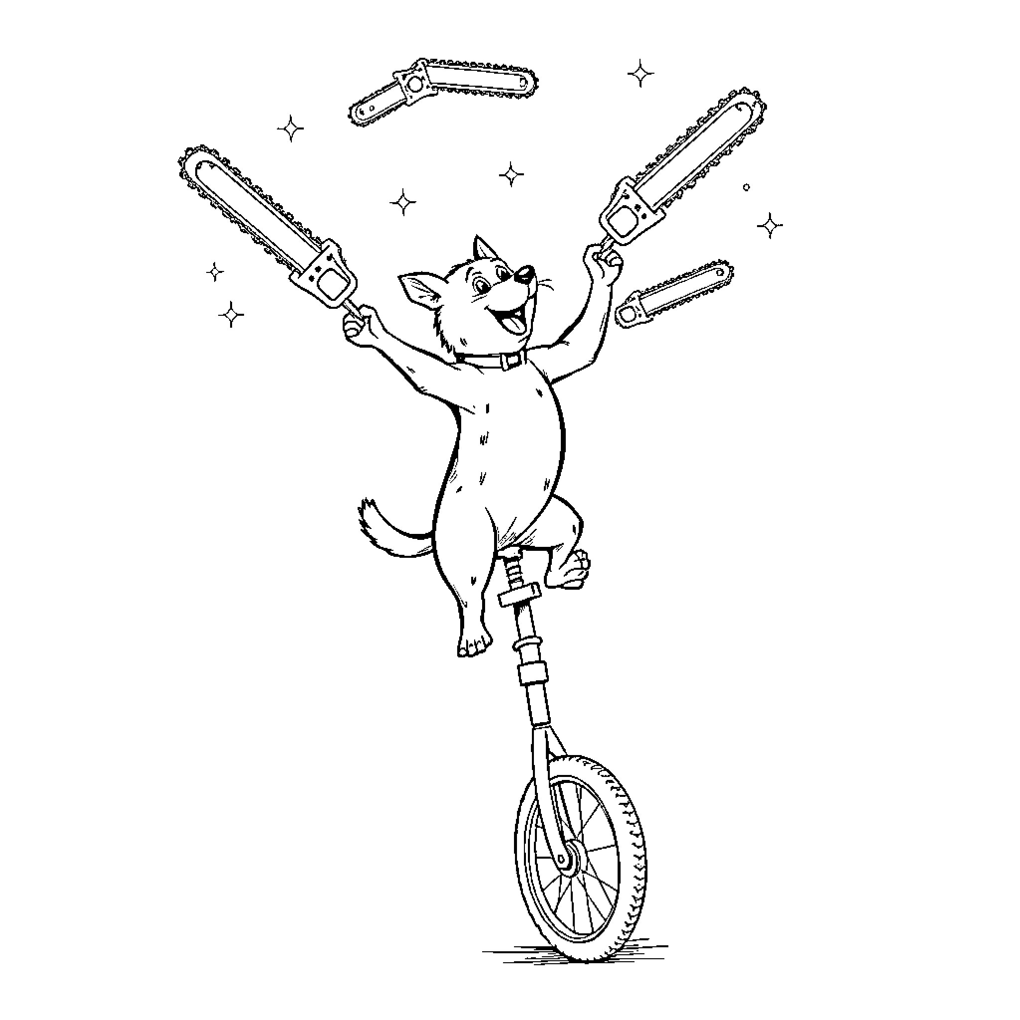 Dog performing circus tricks on unicycle Coloring Page (free black-and-white line drawing printable PDF for all, from beginners to advanced learners, including children, teens, adults, and seniors)