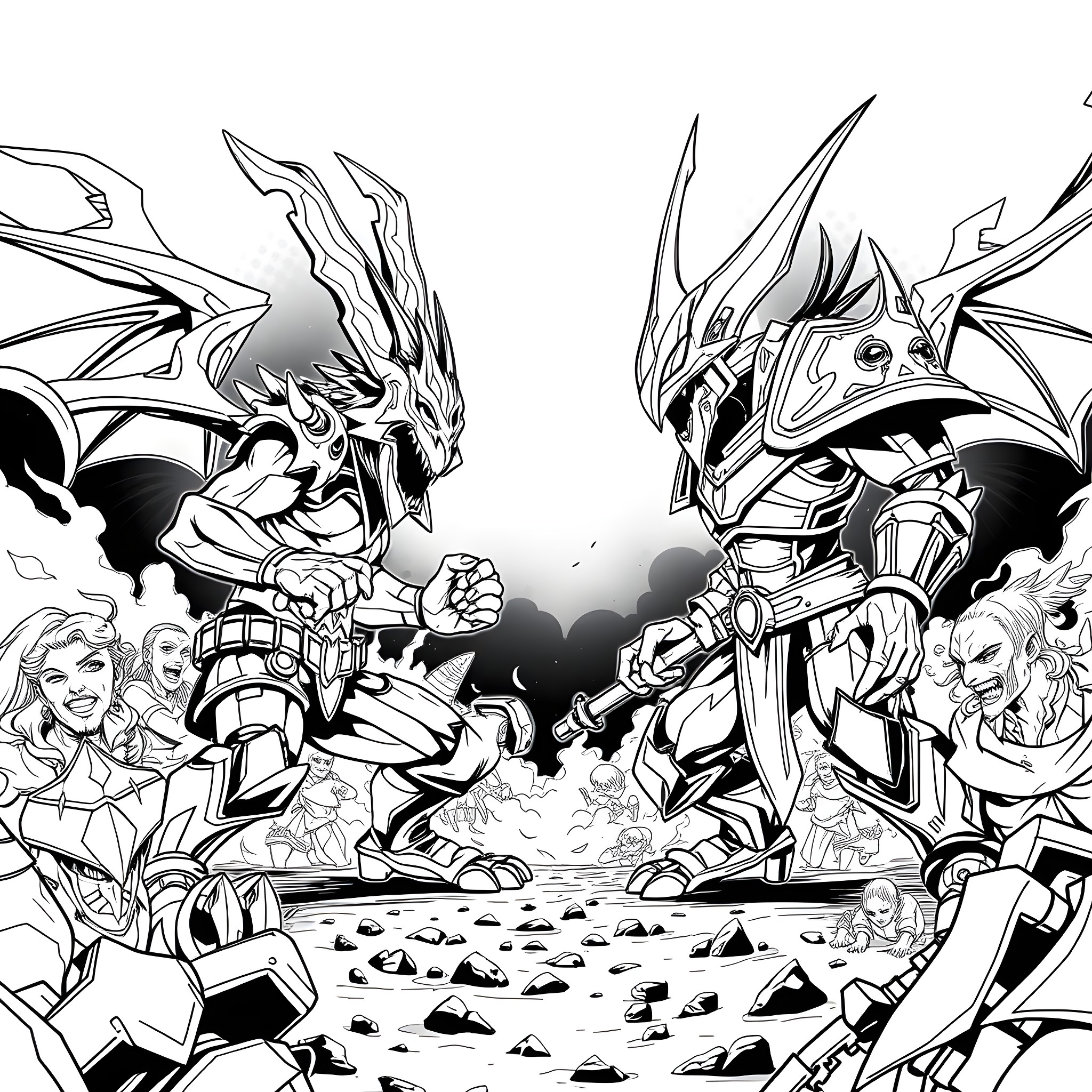 Slardar's Clash of Titans in the Battlefield Coloring Page (free black-and-white line drawing printable PDF for all, from beginners to advanced learners, including children, teens, adults, and seniors)