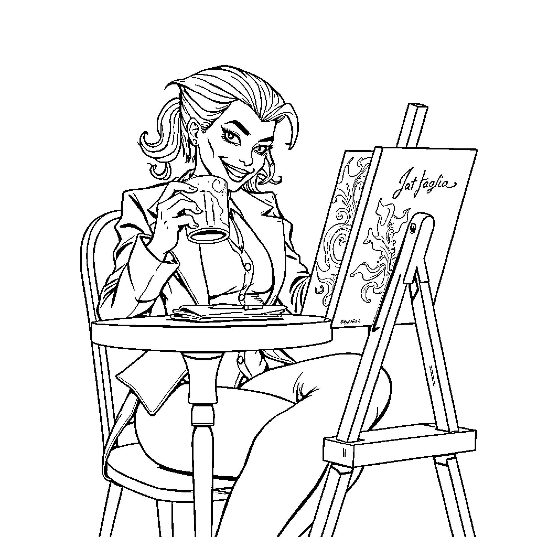 Joker Artist Painting with Expression of Creativity Coloring Page (free black-and-white line drawing printable PDF for all, from beginners to advanced learners, including children, teens, adults, and seniors)