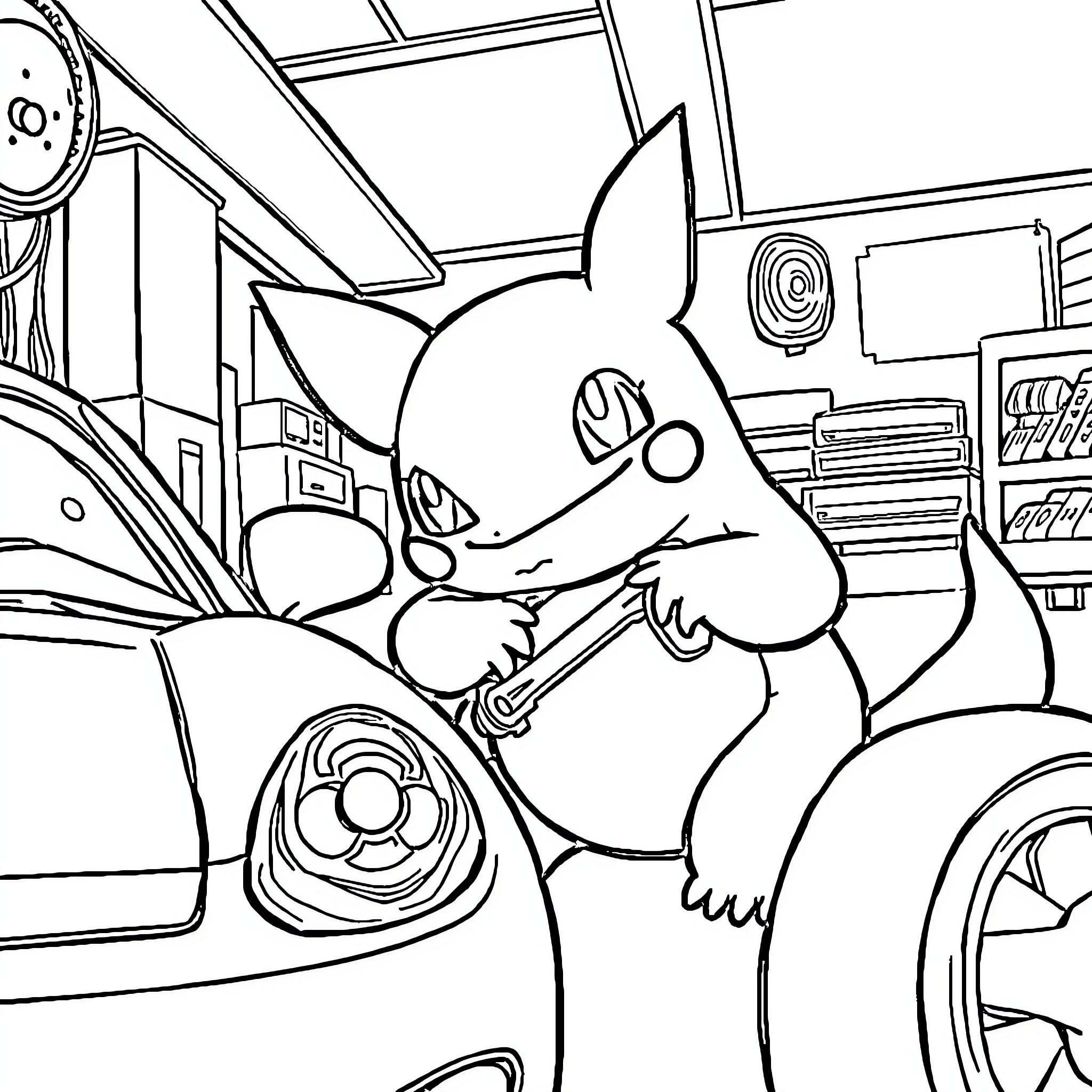 Gengar exploring a mechanic's workshop Coloring Page (free black-and-white line drawing printable PDF for all, from beginners to advanced learners, including children, teens, adults, and seniors)