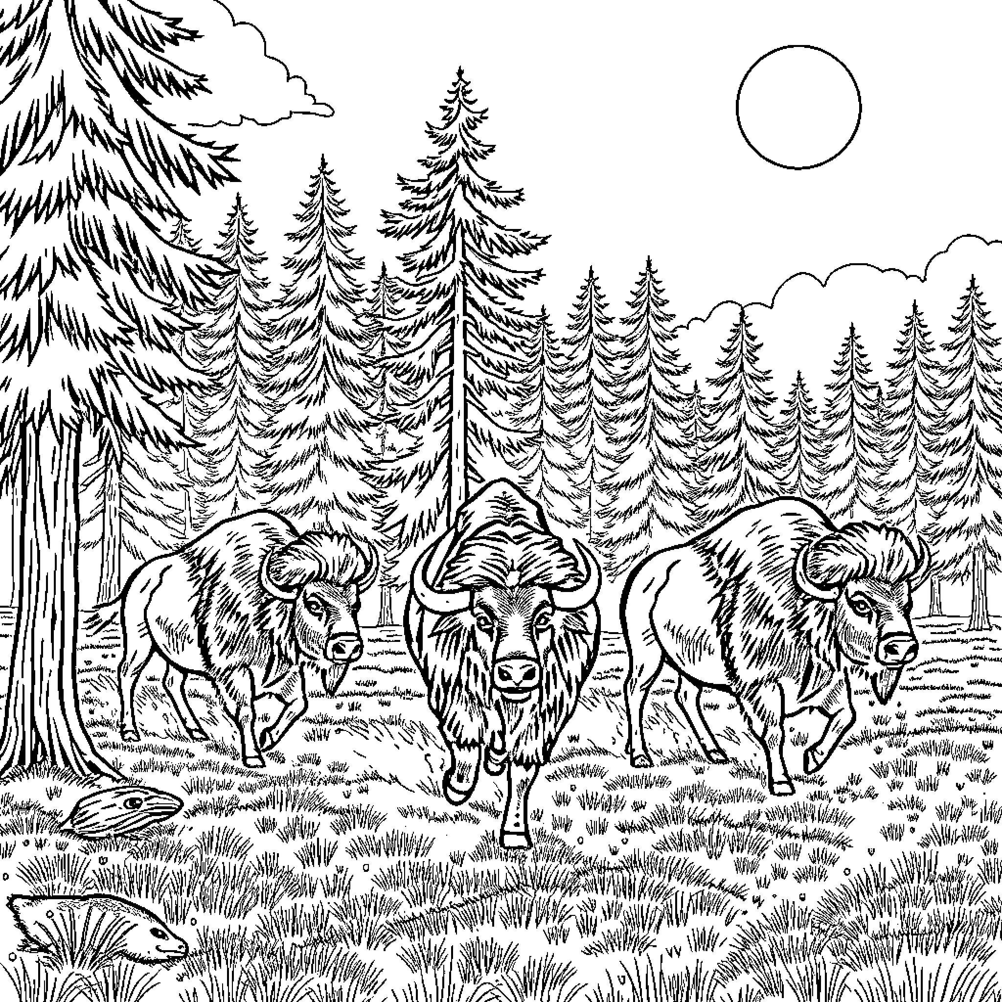 Bison herd roaming in a snowy forest landscape Coloring Page (free black-and-white line drawing printable PDF for all, from beginners to advanced learners, including children, teens, adults, and seniors)