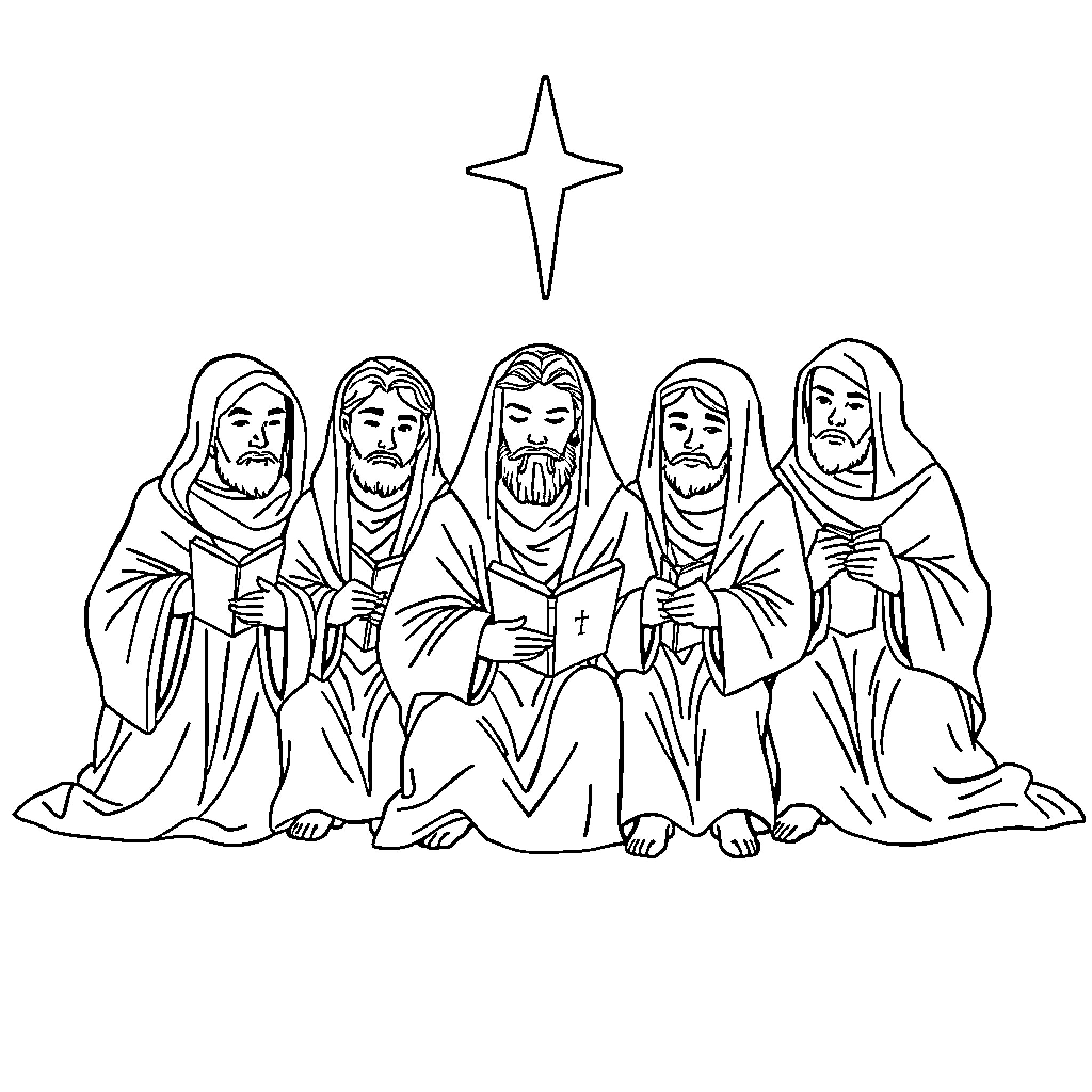 Prophet's disciples gathered in contemplation Coloring Page (free black-and-white line drawing printable PDF for all, from beginners to advanced learners, including children, teens, adults, and seniors)