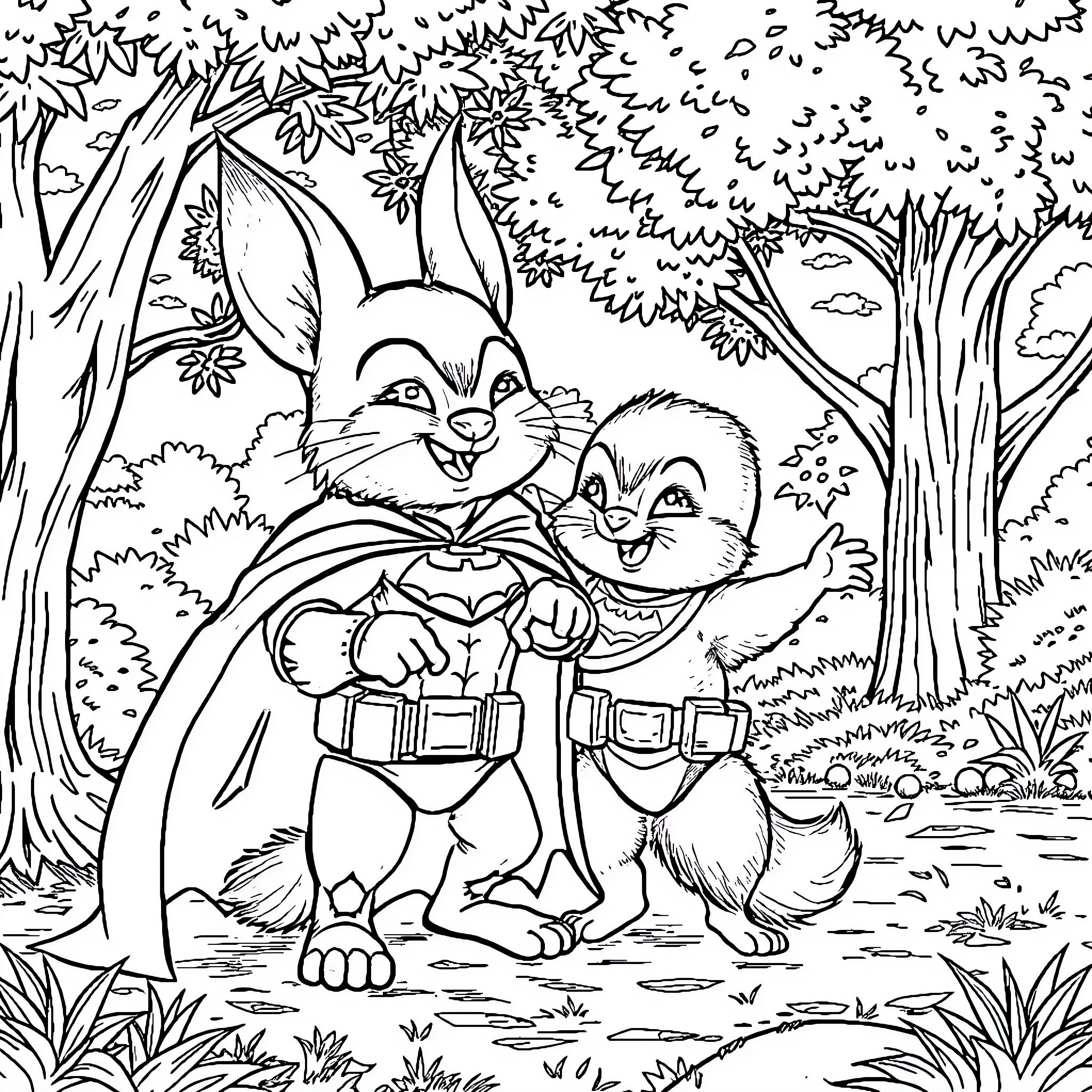 Rabbit friends exploring the forest Coloring Page (free black-and-white line drawing printable PDF for all, from beginners to advanced learners, including children, teens, adults, and seniors)