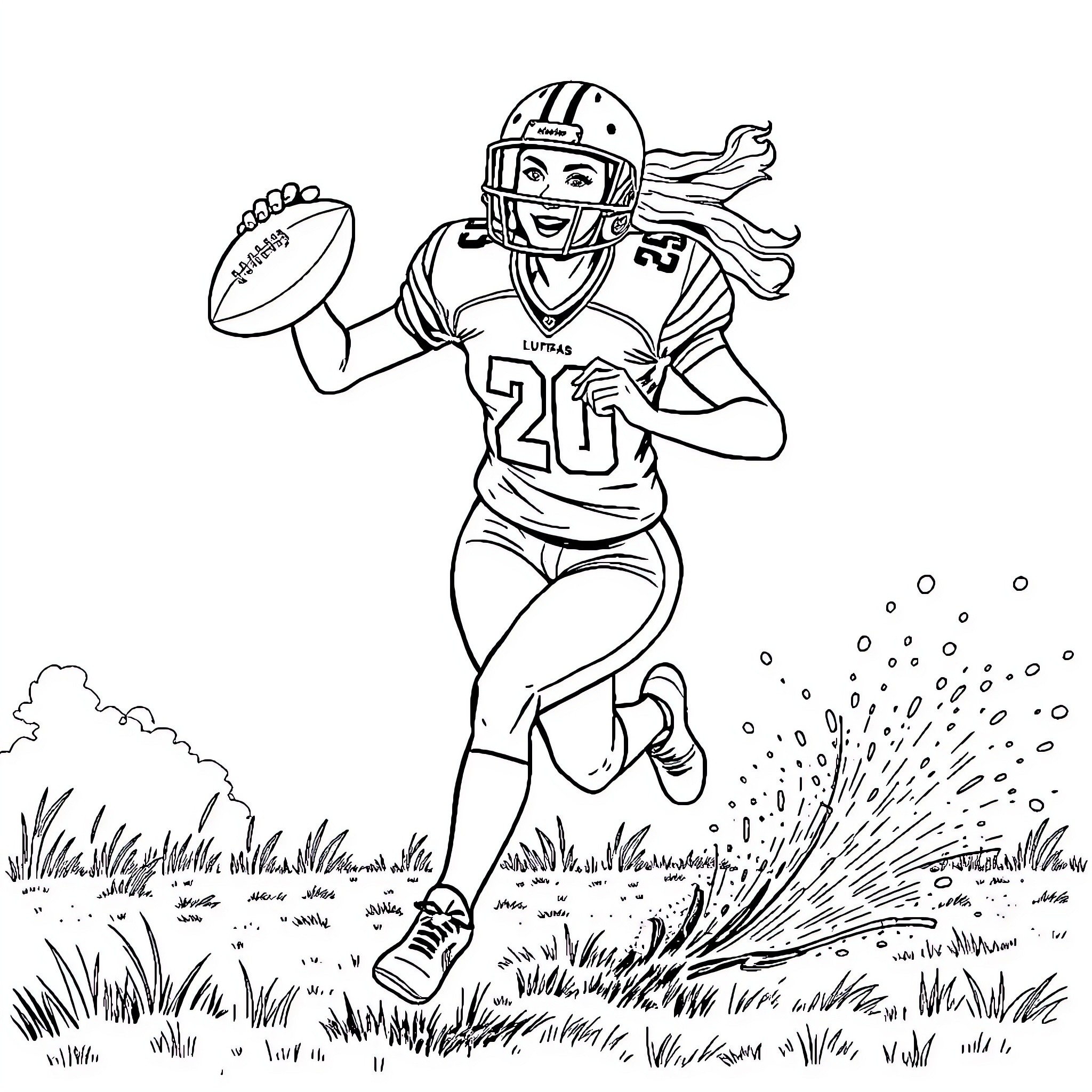 American Football Player Running with Ball Coloring Page (free black-and-white line drawing printable PDF for all, from beginners to advanced learners, including children, teens, adults, and seniors)