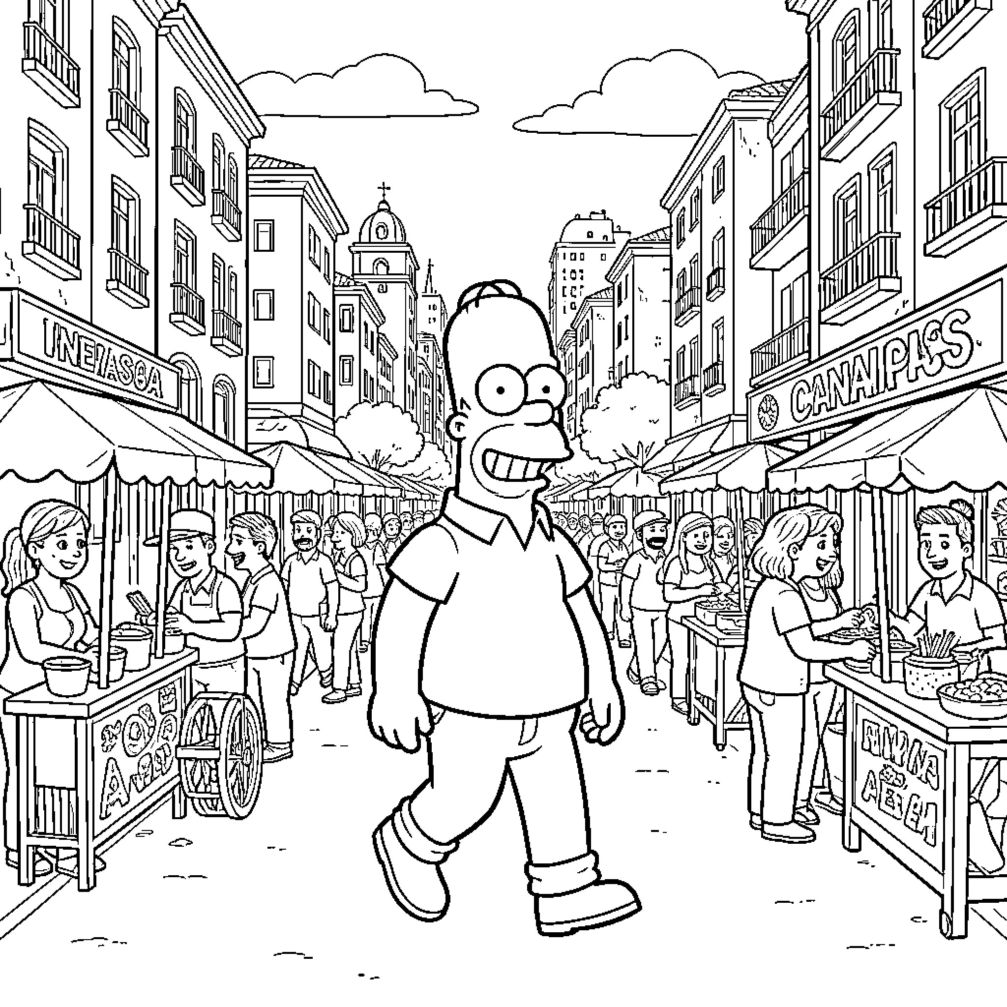 Homer Simpson strolling through a bustling city market Coloring Page (free black-and-white line drawing printable PDF for all, from beginners to advanced learners, including children, teens, adults, and seniors)